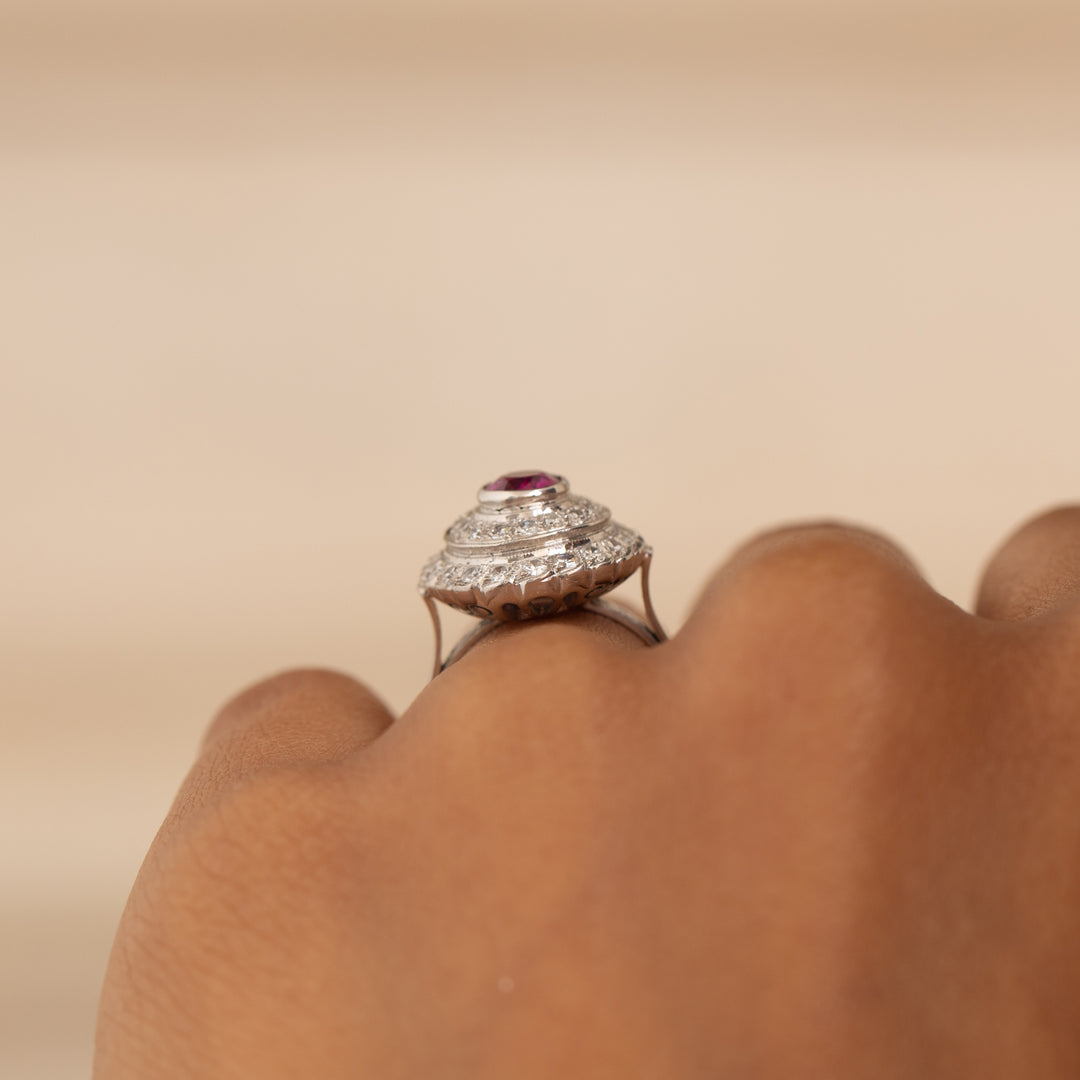 Ruby, Diamond, And 14K White Gold Cluster Ring