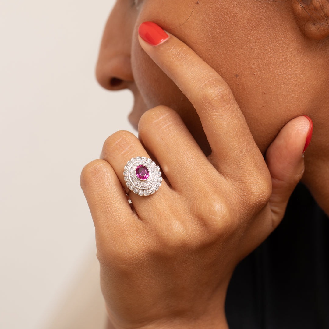 Ruby, Diamond, And 14K White Gold Cluster Ring