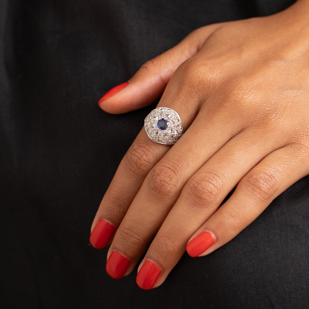 Sapphire, Diamond Pave, and 18K White Gold Dome Ring