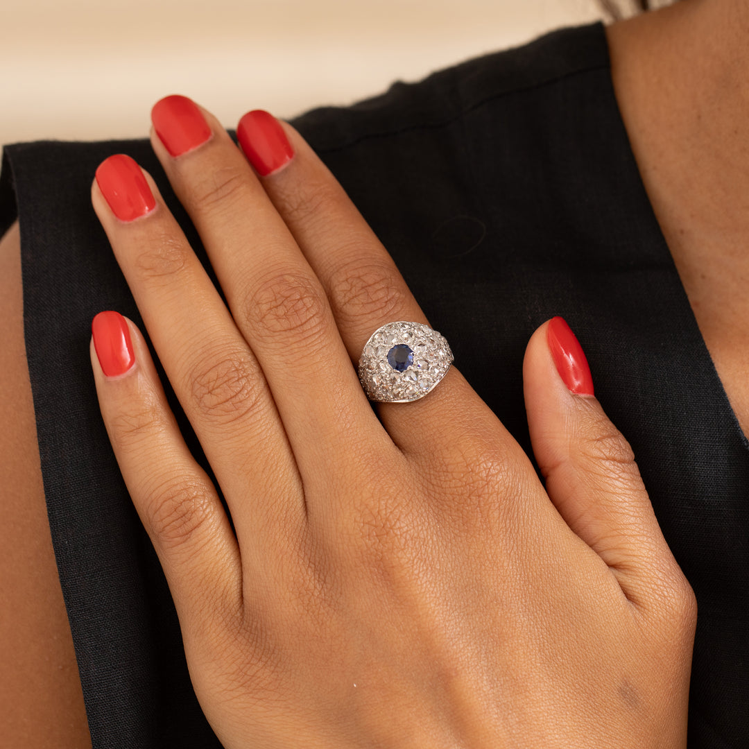 Sapphire, Diamond Pave, and 18K White Gold Dome Ring