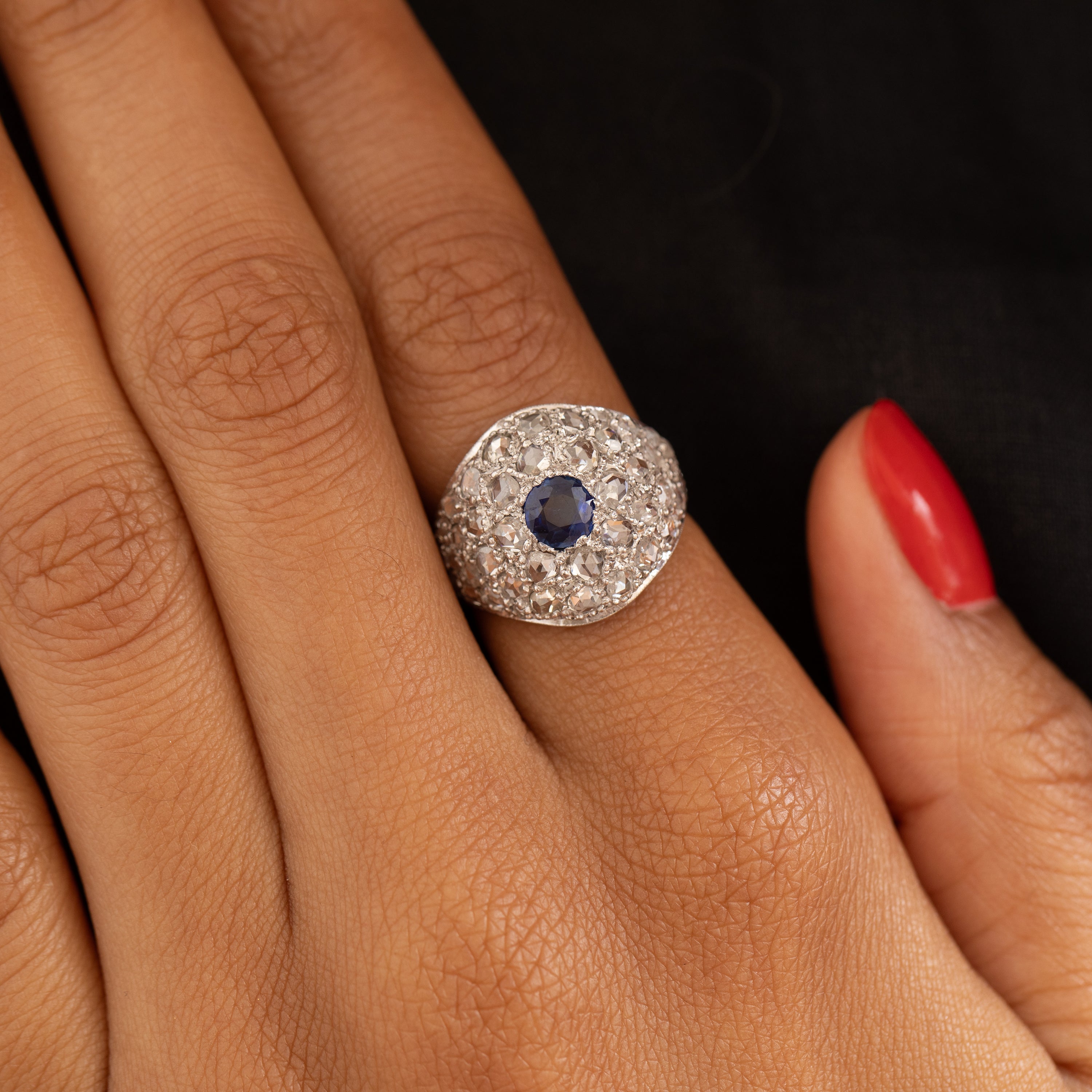 Sapphire, Diamond Pave, and 18K White Gold Dome Ring