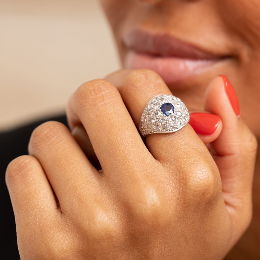 Sapphire, Diamond Pave, and 18K White Gold Dome Ring