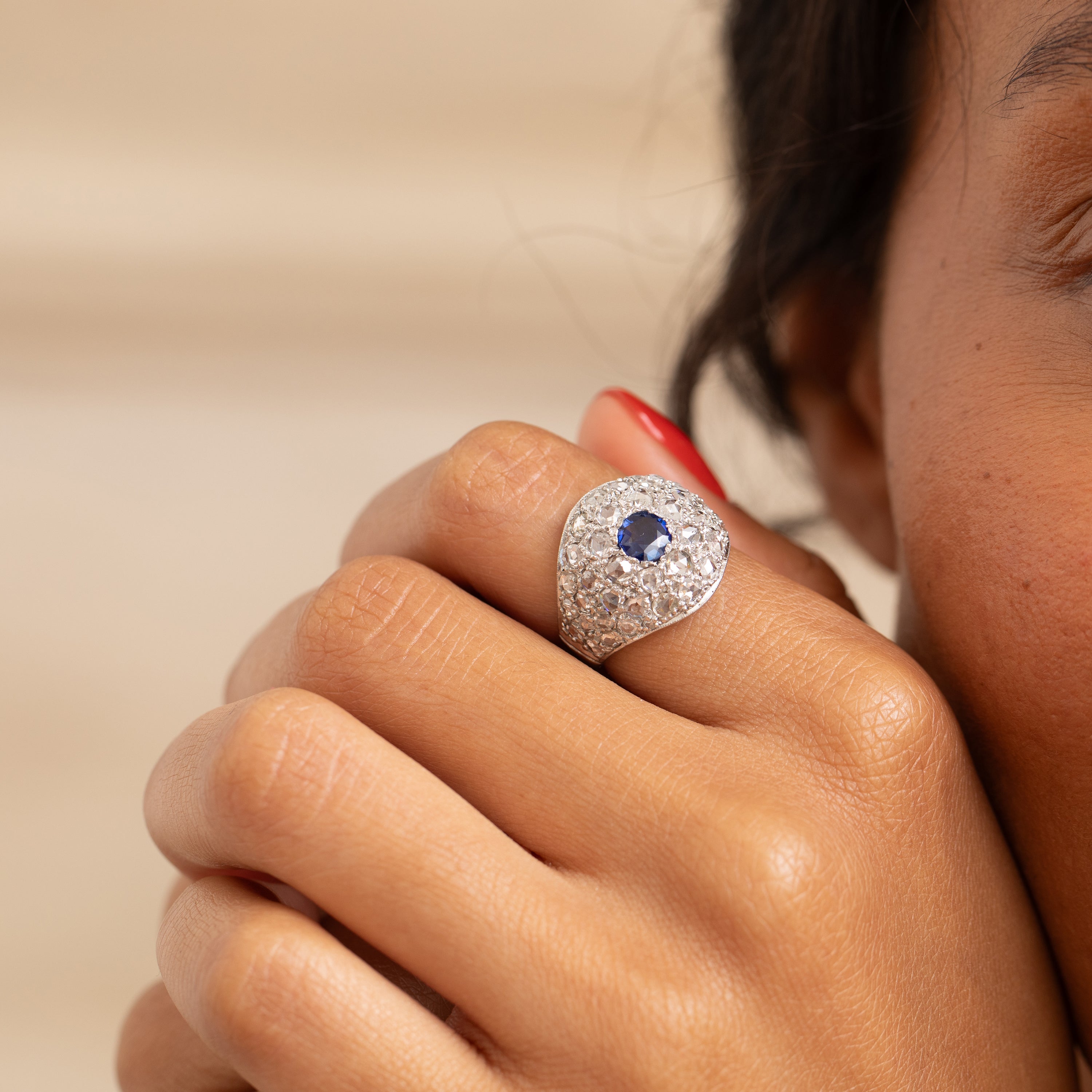 Sapphire, Diamond Pave, and 18K White Gold Dome Ring