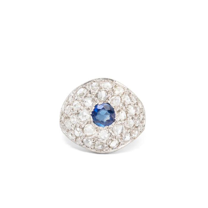 Sapphire, Diamond Pave, and 18K White Gold Dome Ring