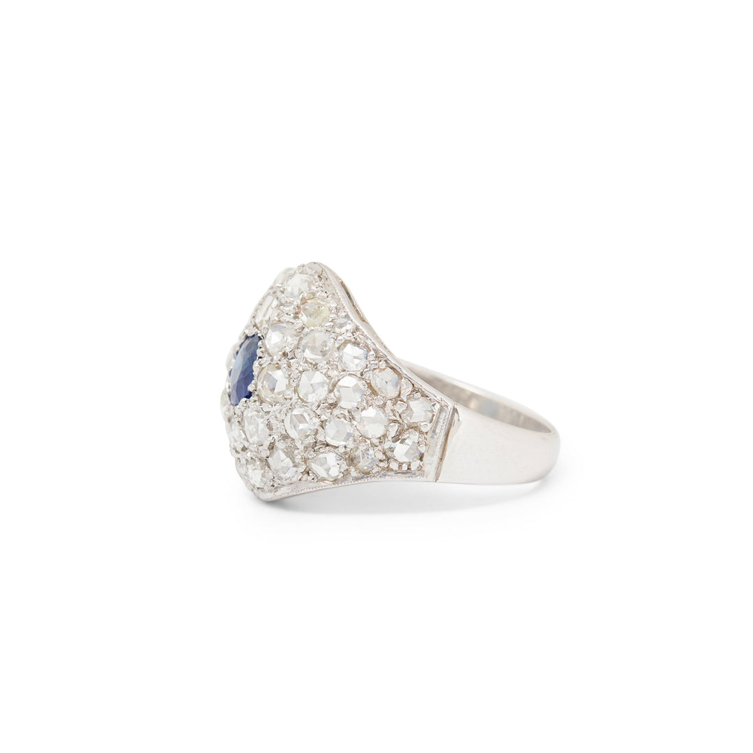 Sapphire, Diamond Pave, and 18K White Gold Dome Ring