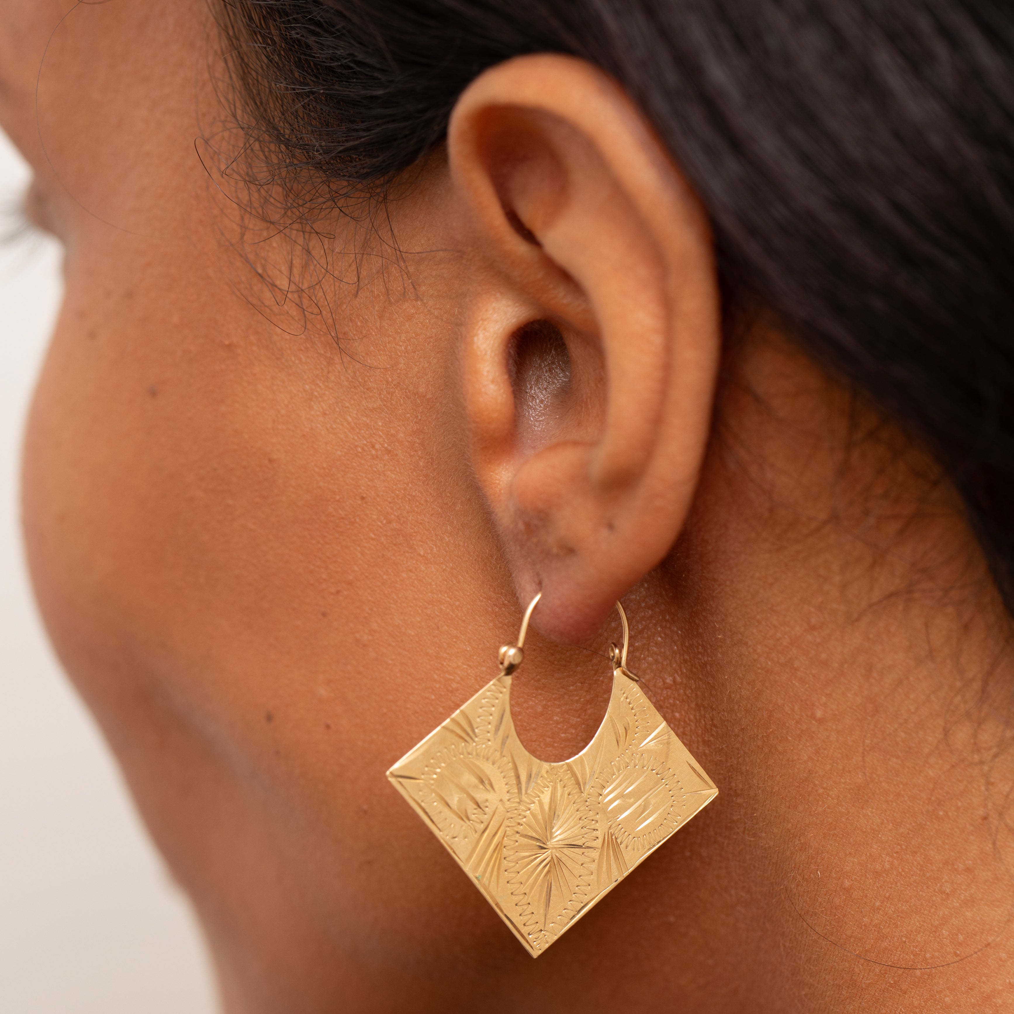 Engraved 14k Gold Square Hoop Earrings