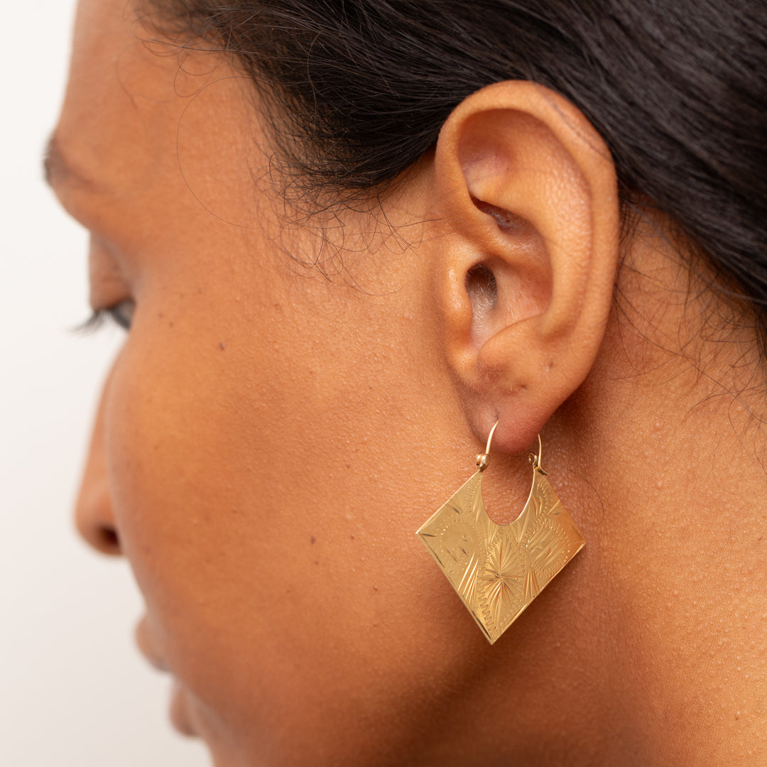 Engraved 14k Gold Square Hoop Earrings