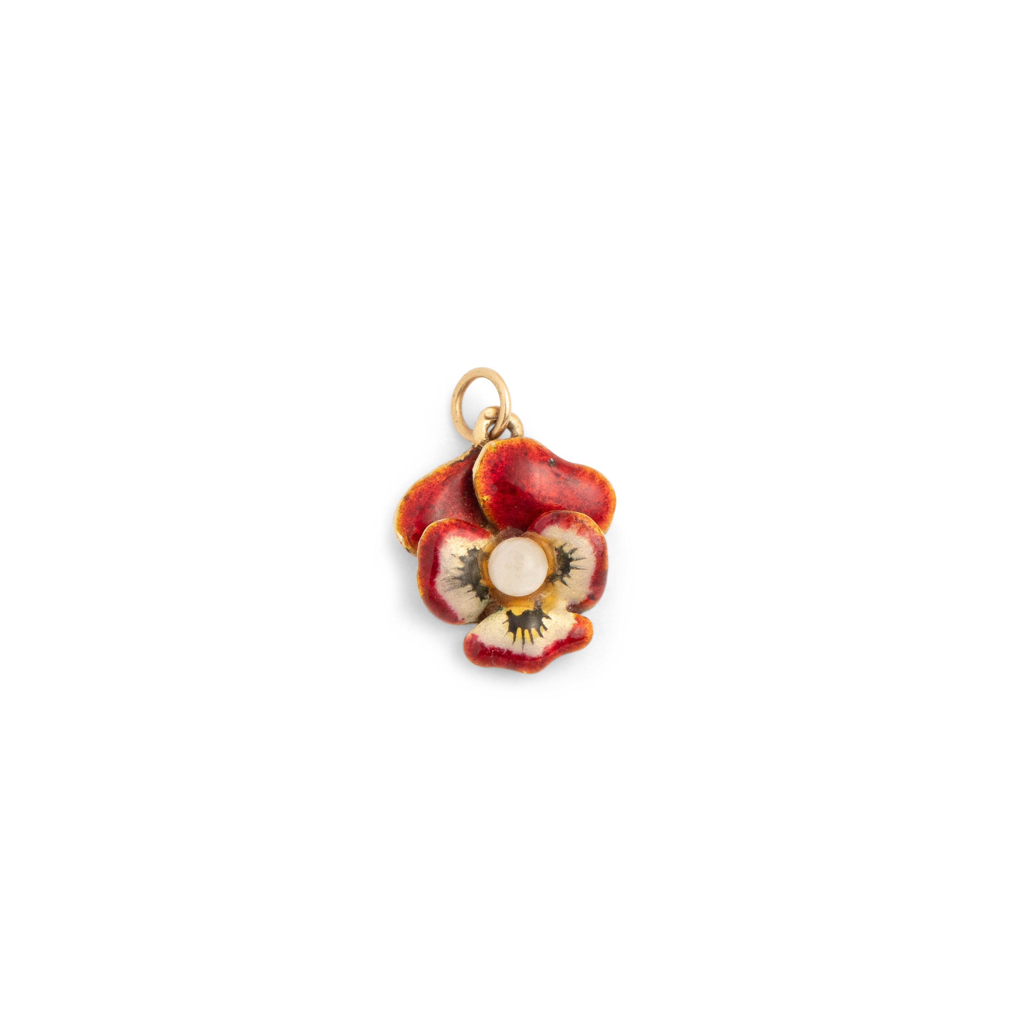 Red Enamel, Pearl, and 14K Gold Pansy Charm