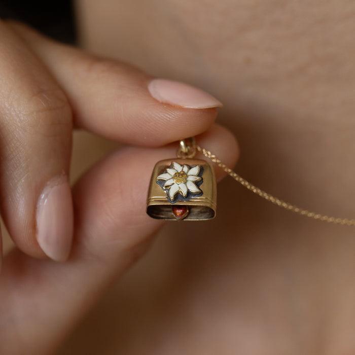Movable Edelweiss Flower Enamel and 14K Gold Bell Charm