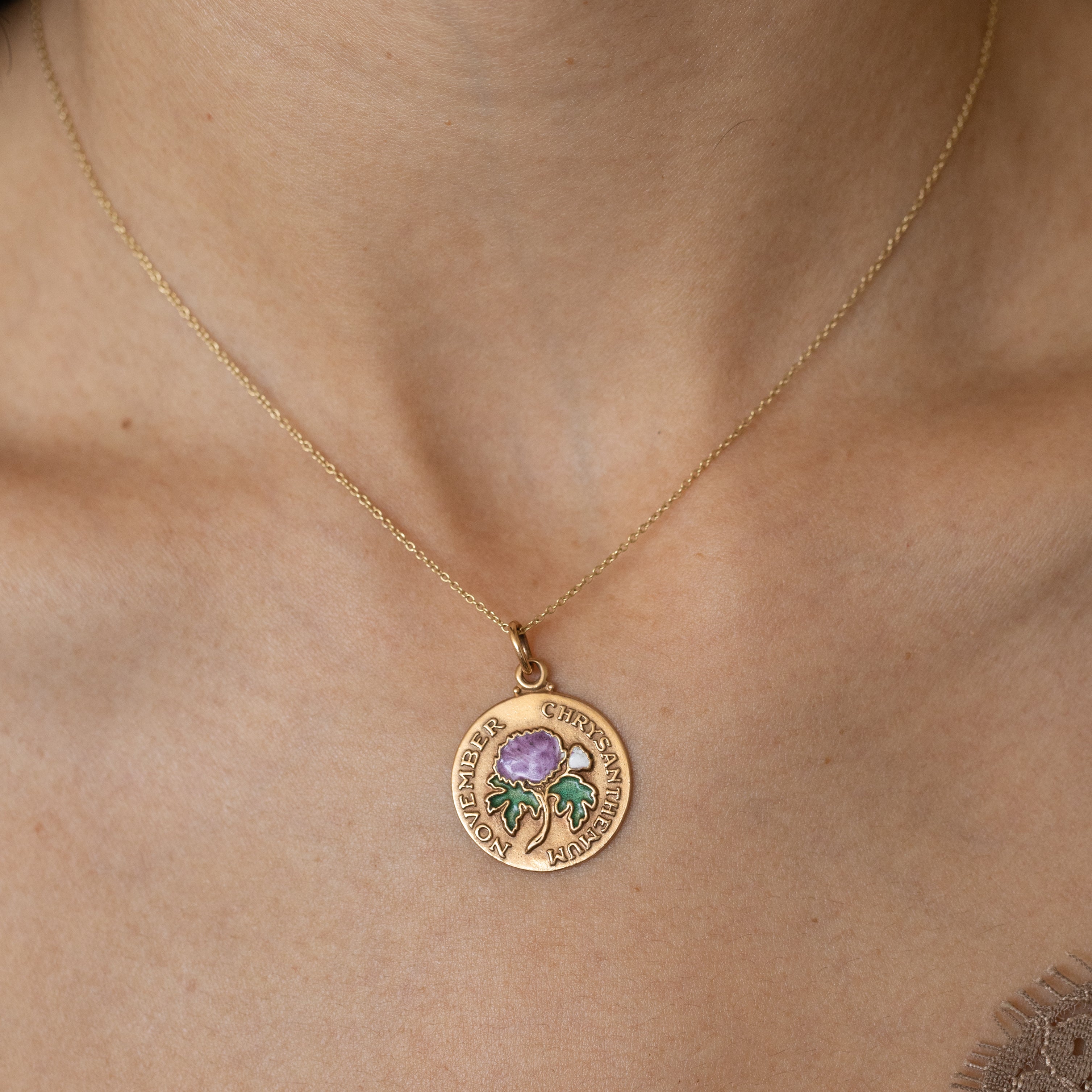 "November Chrysanthemum" 14K Yellow Gold And Enamel Charm