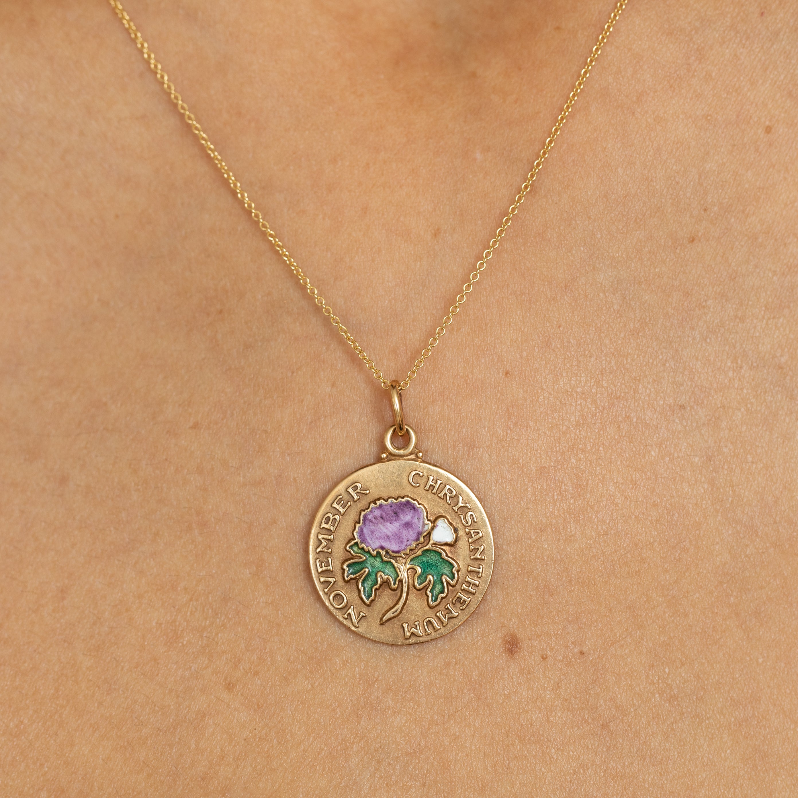 "November Chrysanthemum" 14K Yellow Gold And Enamel Charm