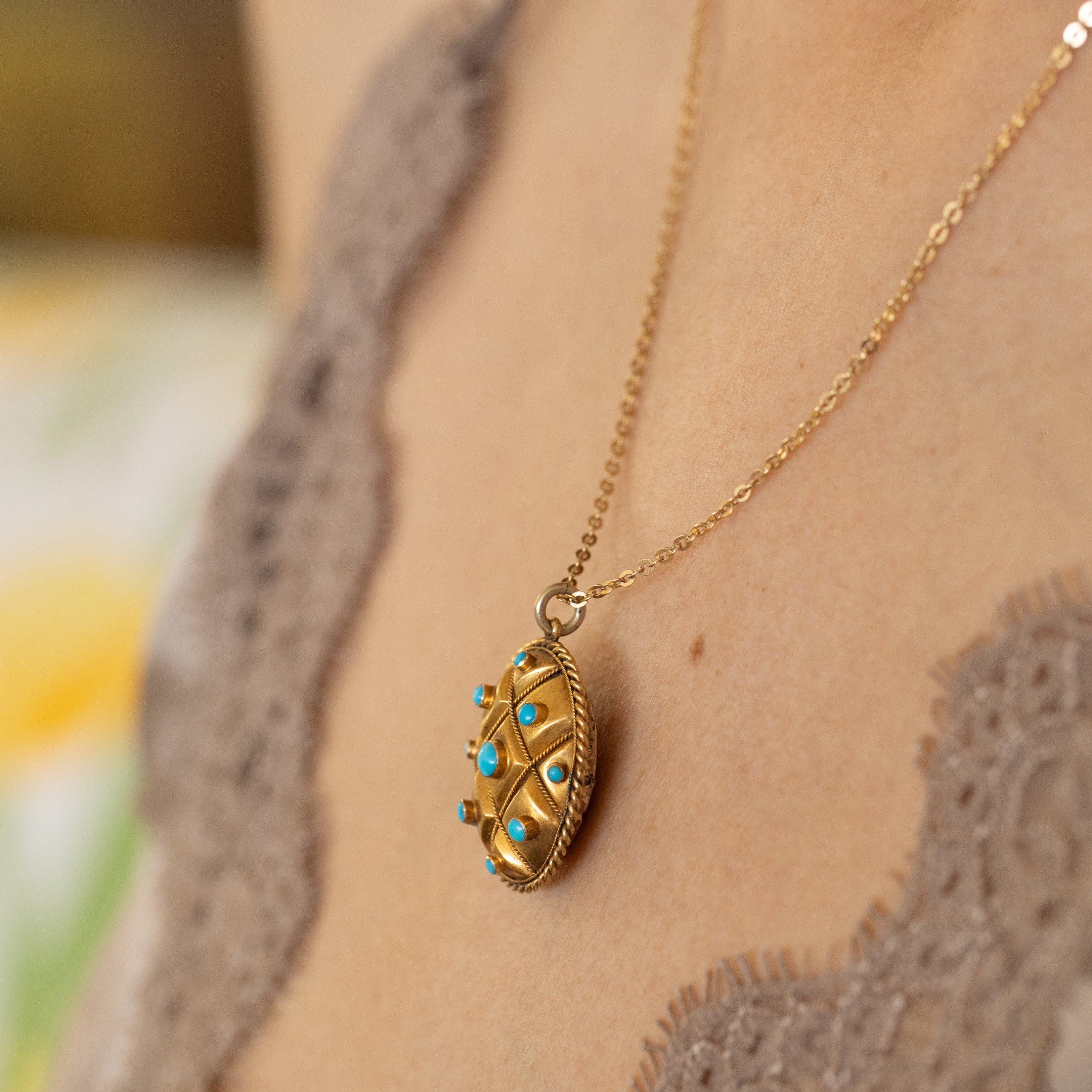 Victorian Turquoise And 14k Yellow Gold Open Back Locket