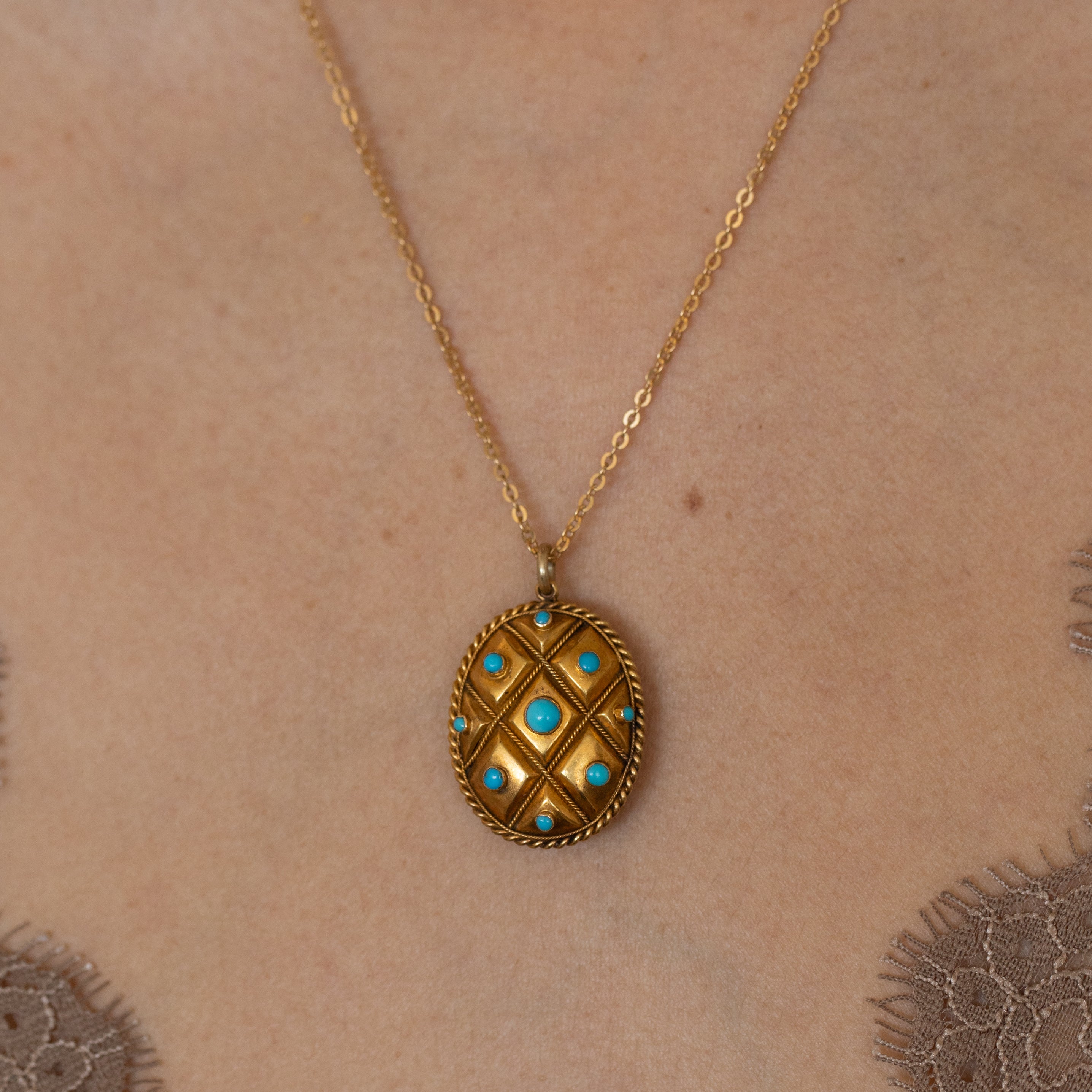 Victorian Turquoise And 14k Yellow Gold Open Back Locket