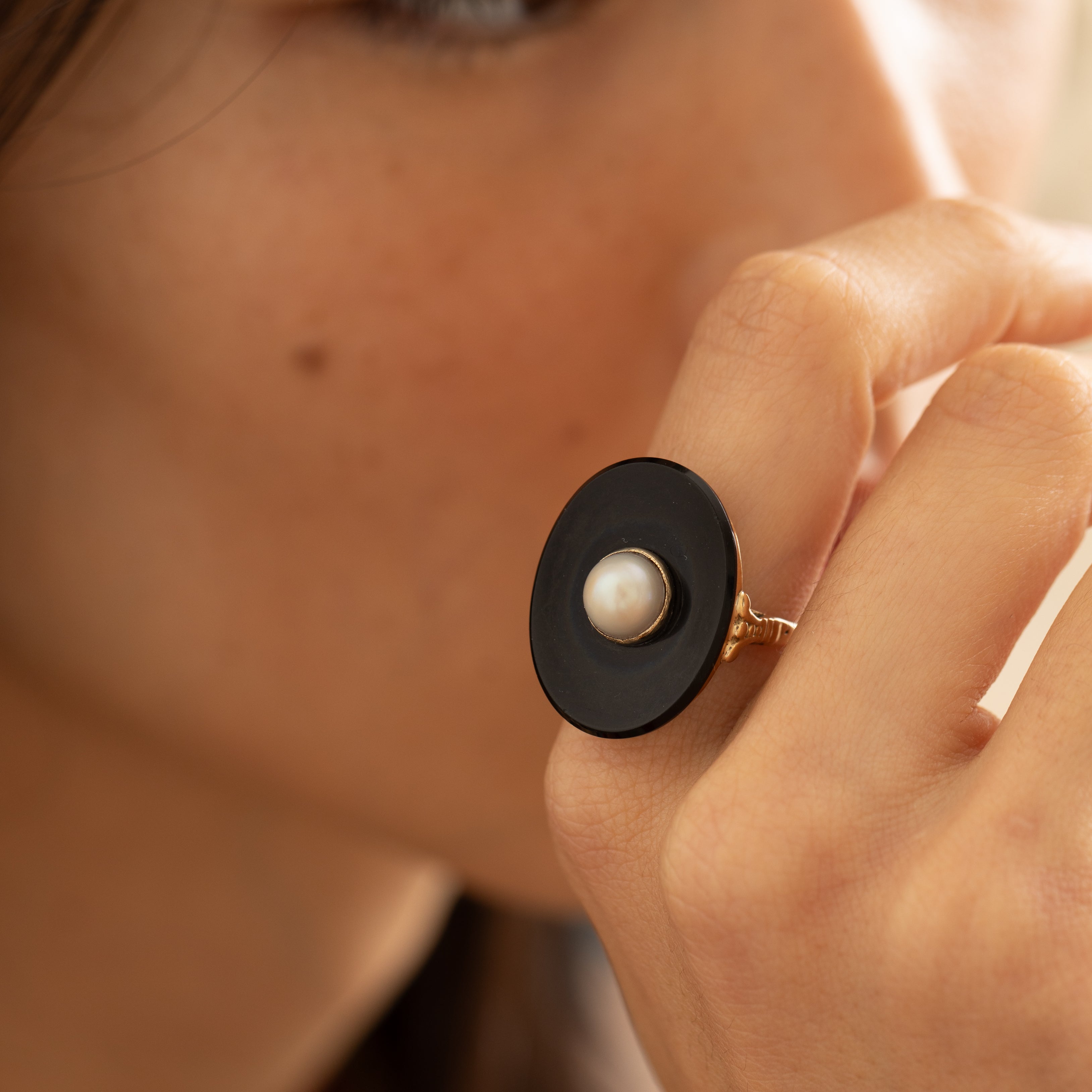 Early 20th Century Onyx, Pearl, and 14K Gold Ring