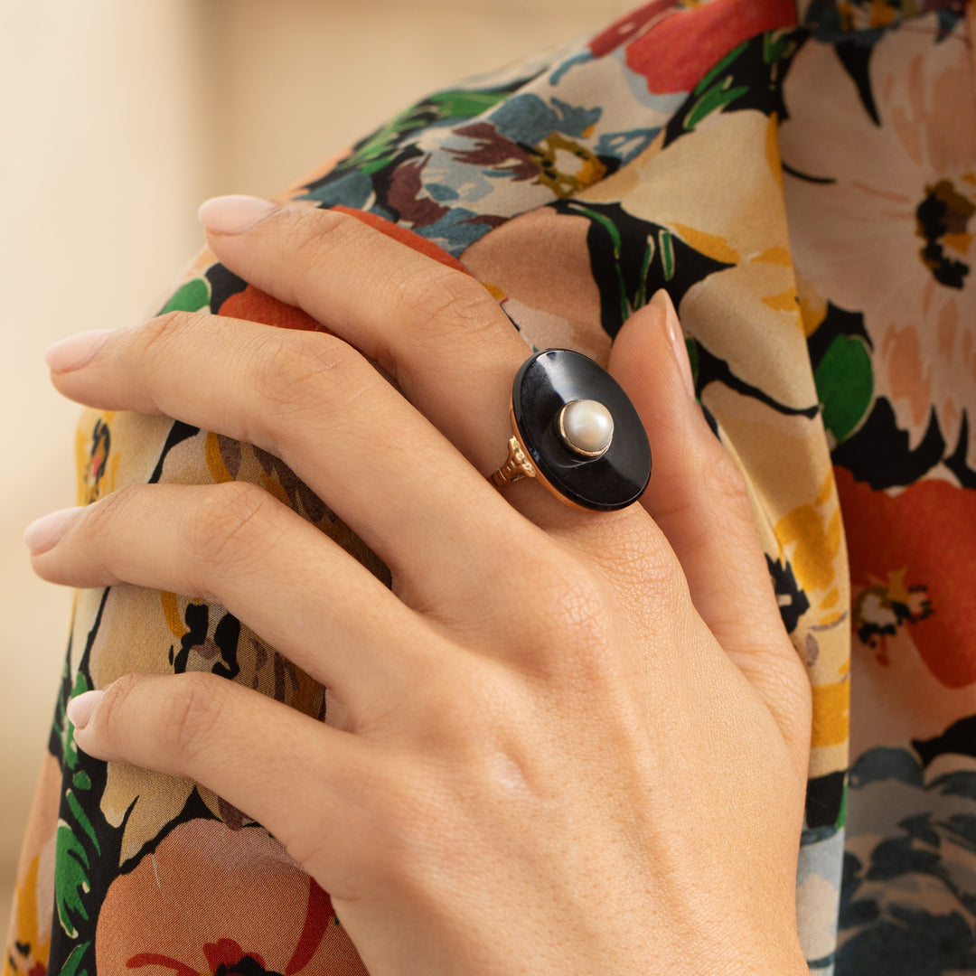 Early 20th Century Onyx, Pearl, and 14K Gold Ring