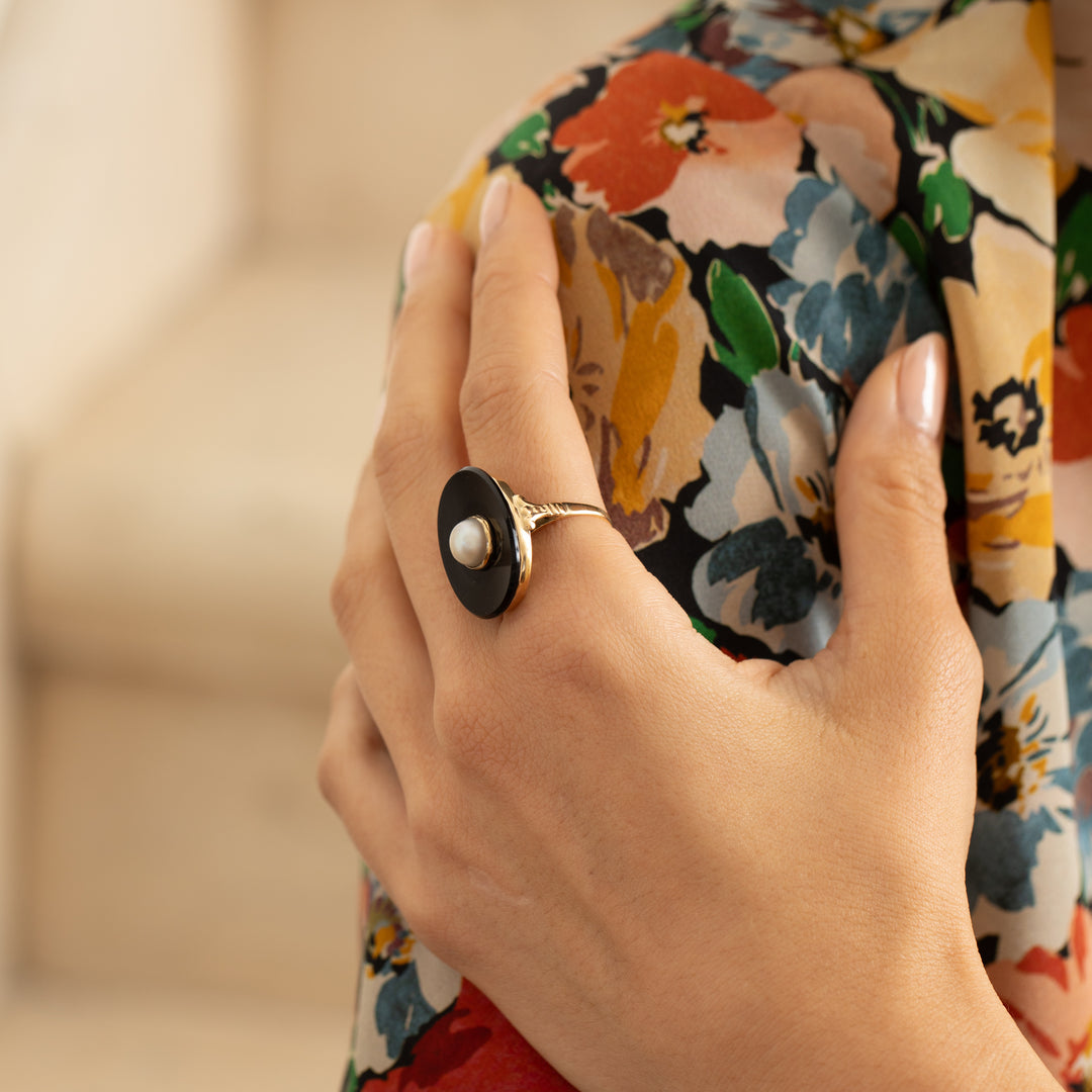 Early 20th Century Onyx, Pearl, and 14K Gold Ring