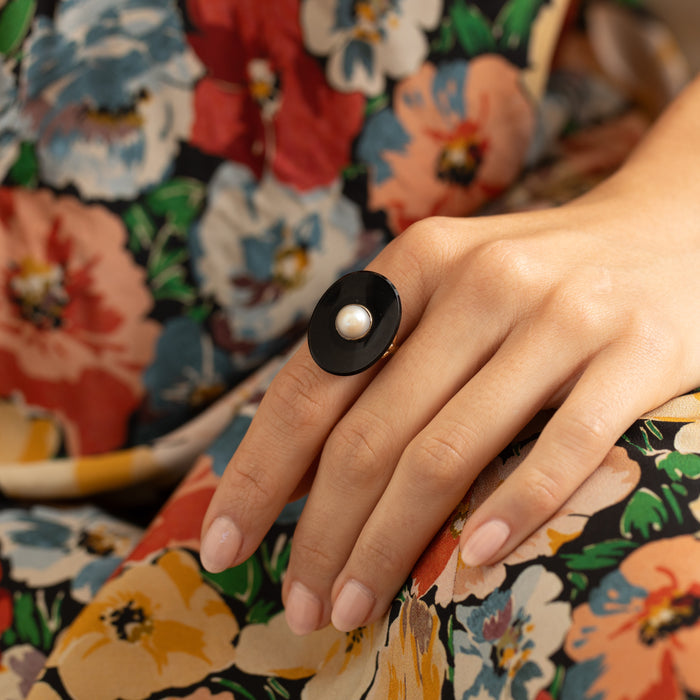 Early 20th Century Onyx, Pearl, and 14K Gold Ring