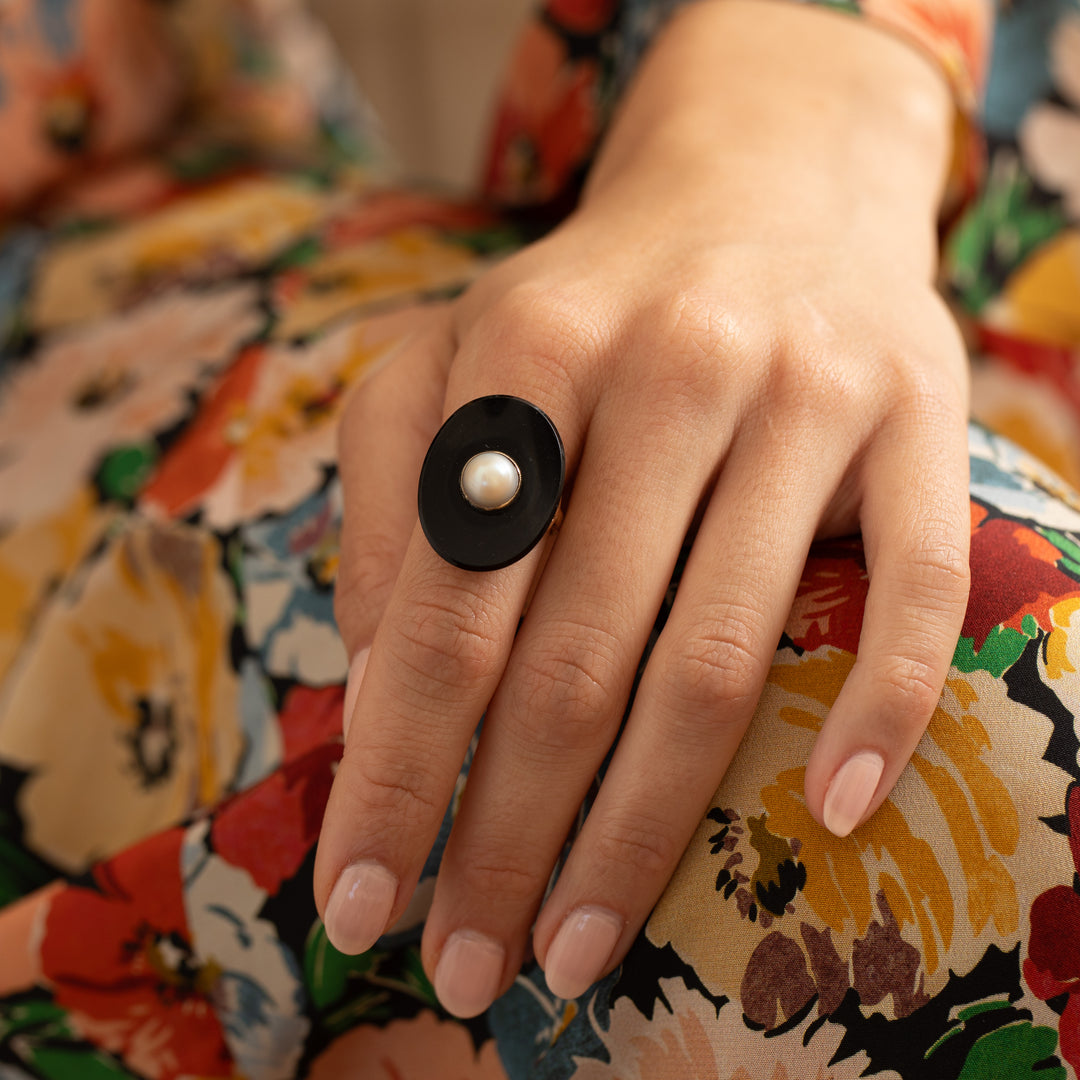 Early 20th Century Onyx, Pearl, and 14K Gold Ring