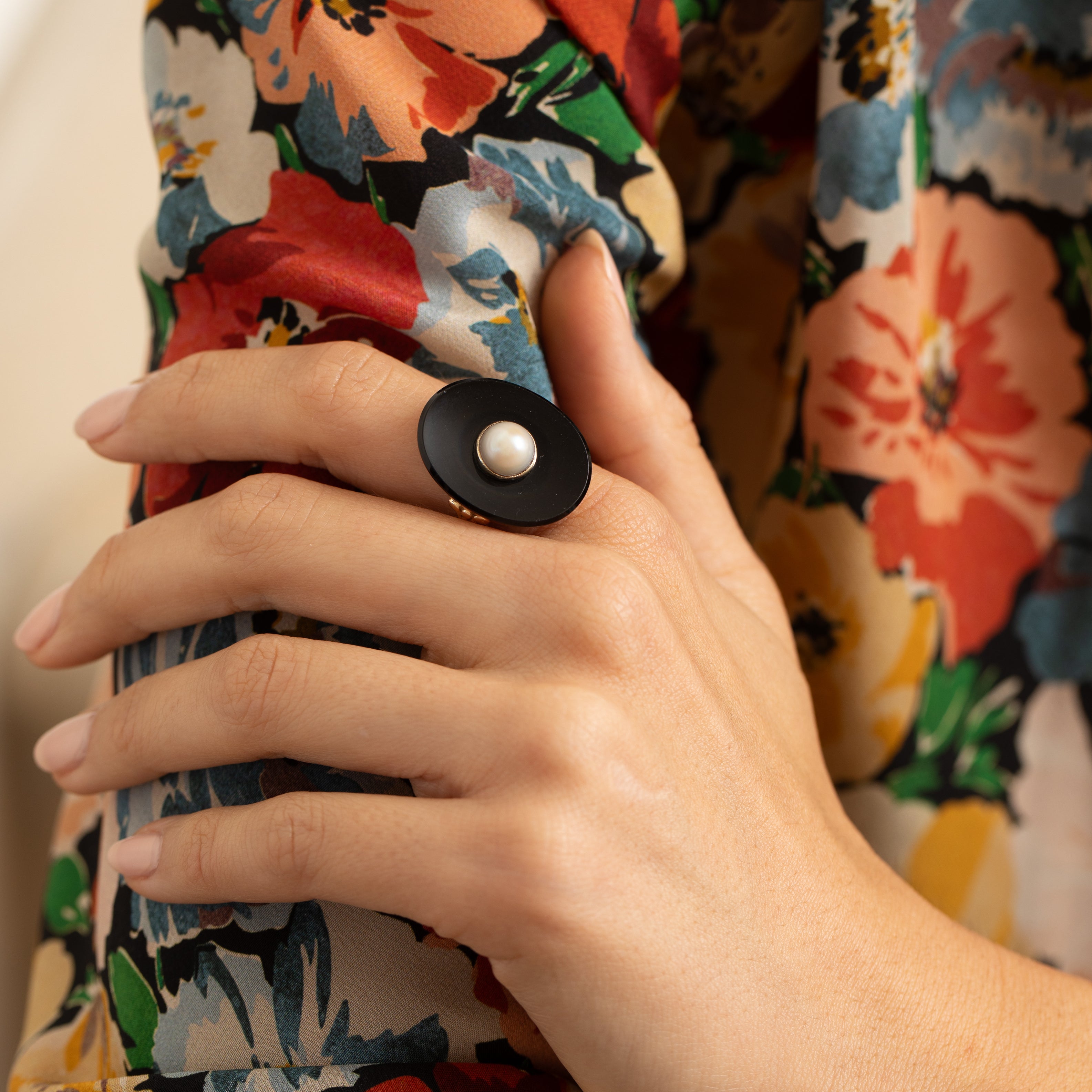 Early 20th Century Onyx, Pearl, and 14K Gold Ring