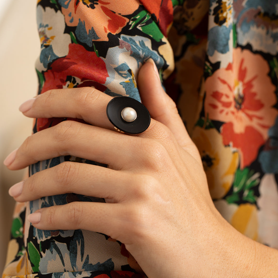 Early 20th Century Onyx, Pearl, and 14K Gold Ring