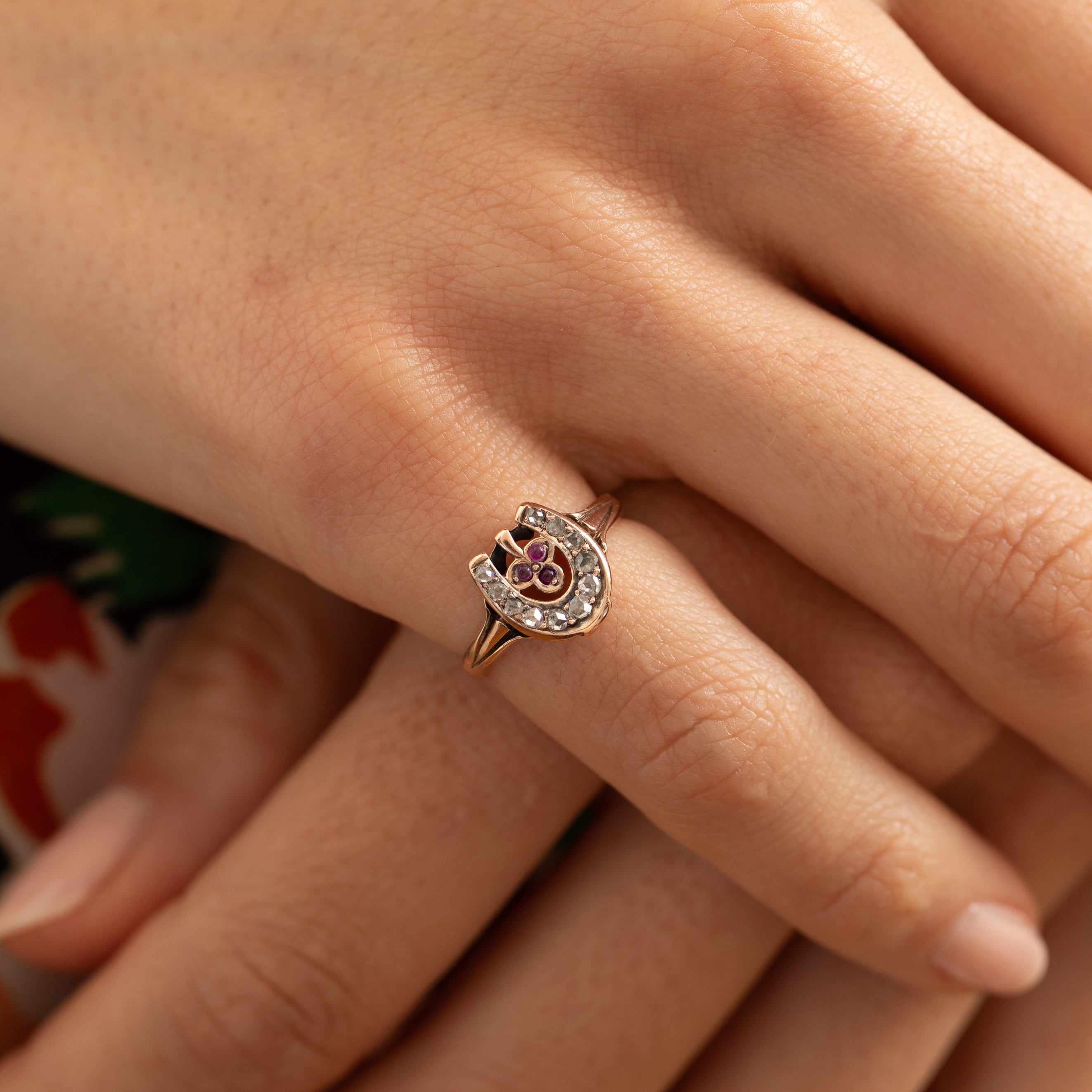 Victorian Diamond, Garnet, and 10K Gold Horseshoe Ring