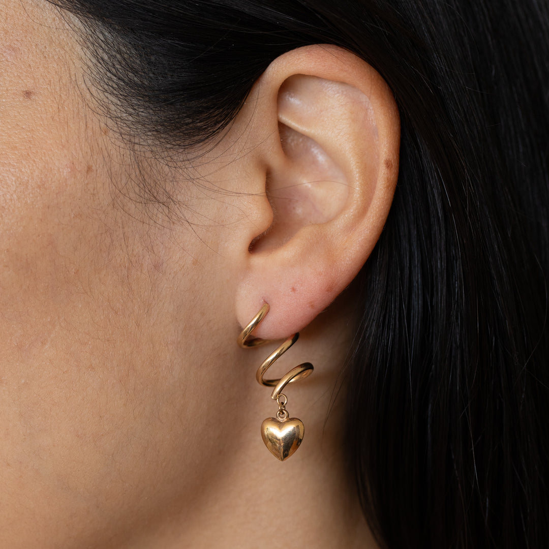 Hanging Spiral And Heart 14K Gold Earrings