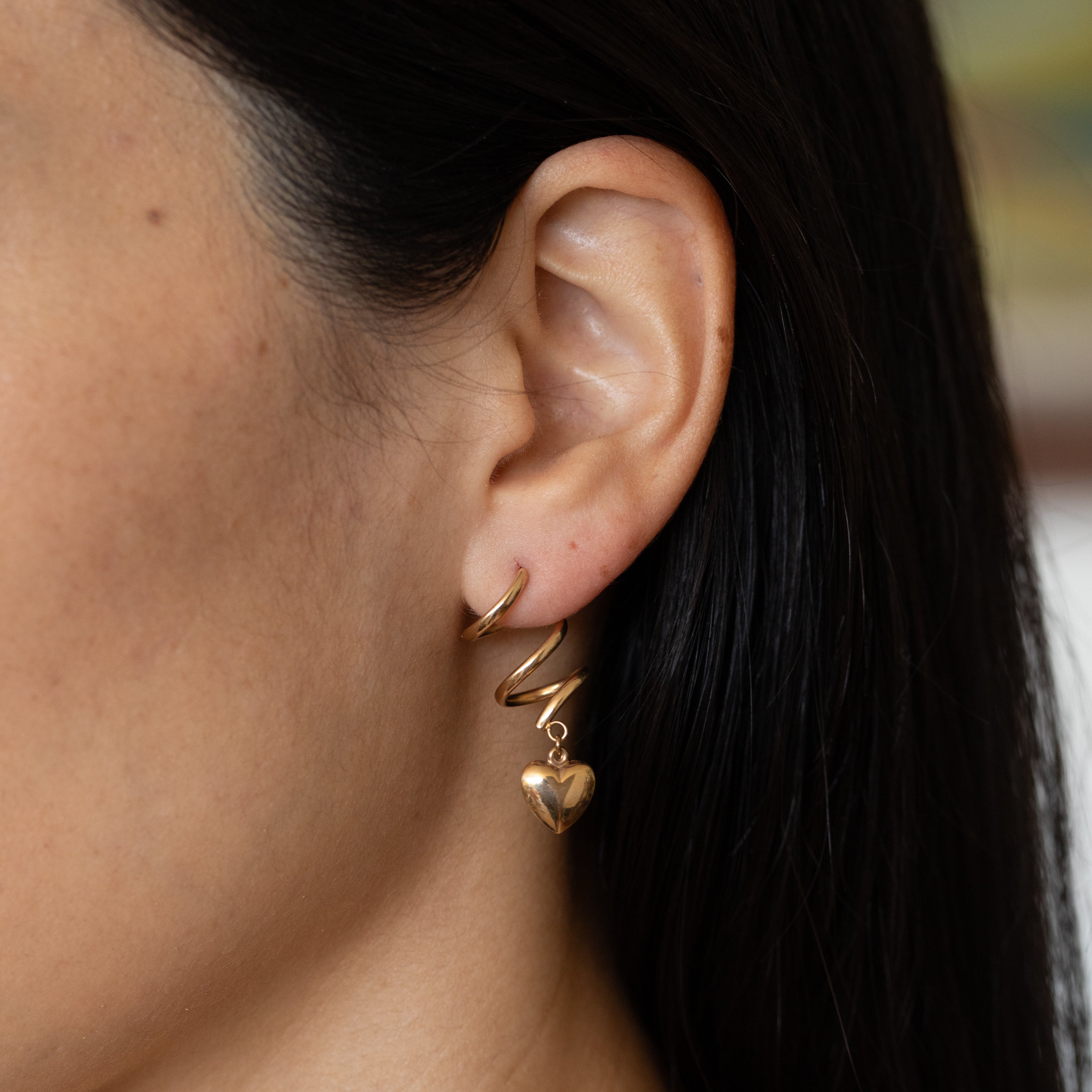 Hanging Spiral And Heart 14K Gold Earrings