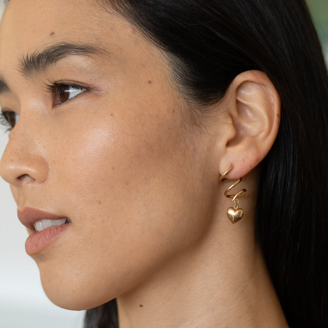 Hanging Spiral And Heart 14K Gold Earrings