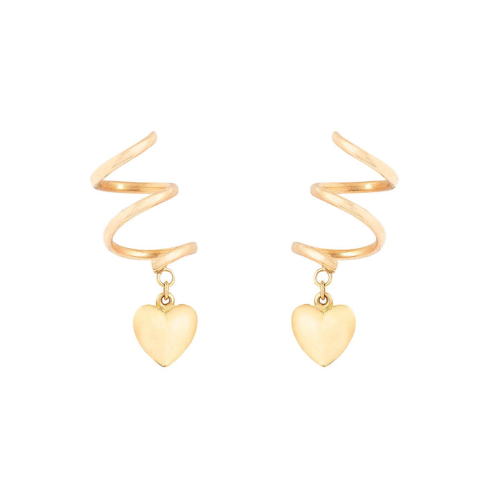 Hanging Spiral And Heart 14K Gold Earrings