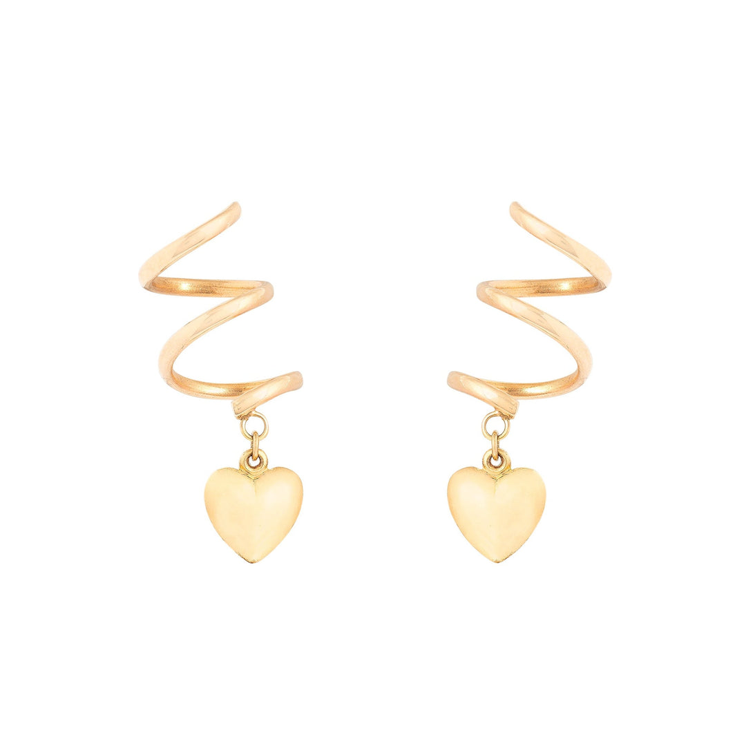 Hanging Spiral And Heart 14K Gold Earrings