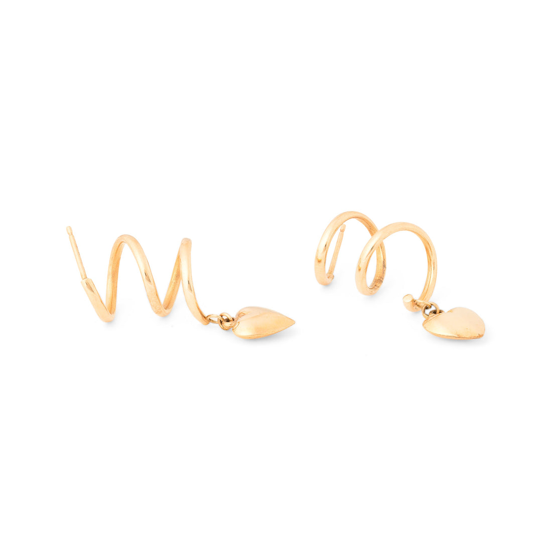 Hanging Spiral And Heart 14K Gold Earrings