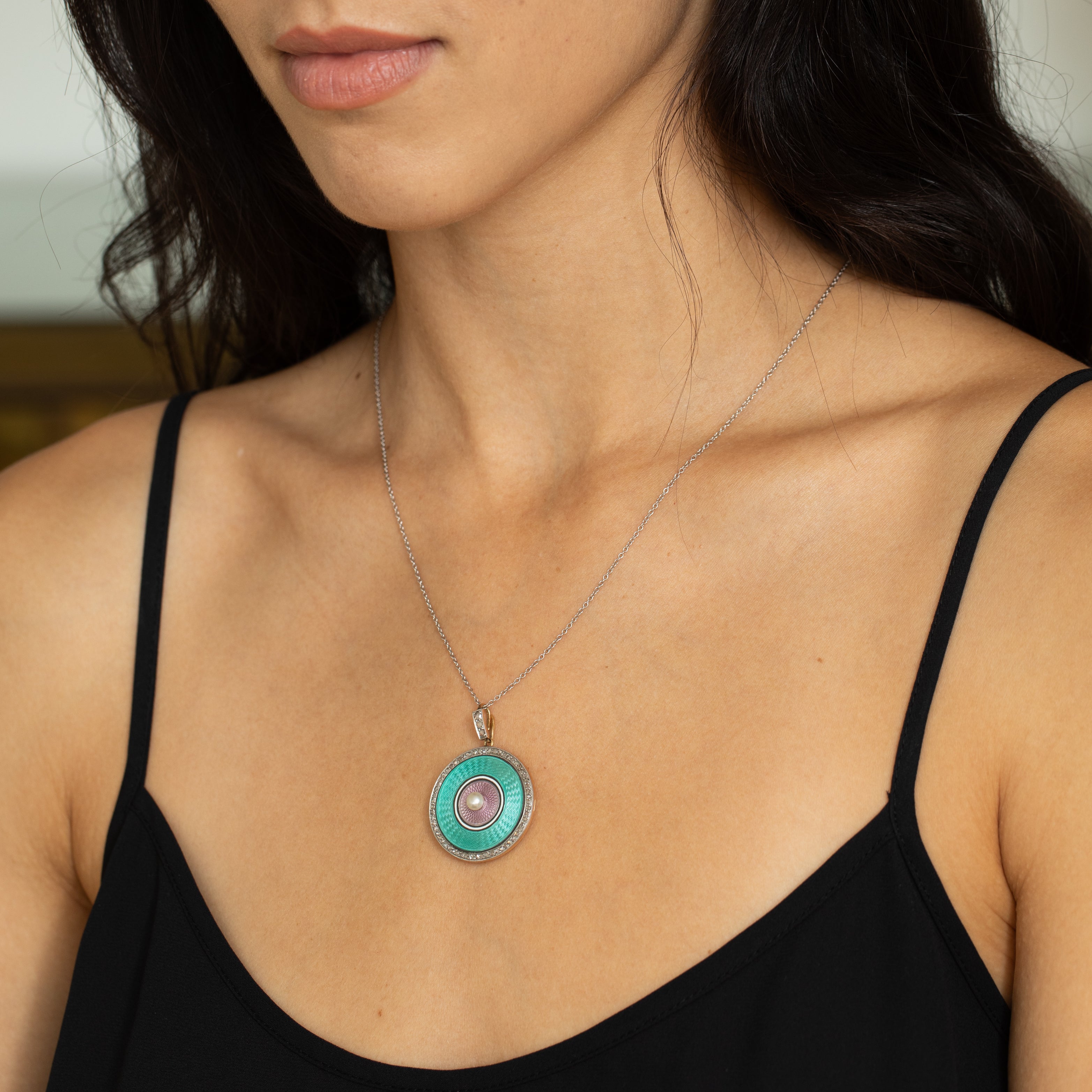 Early 20th Century Guilloche, Diamond, Pearl, Platinum, and 14K Gold Locket