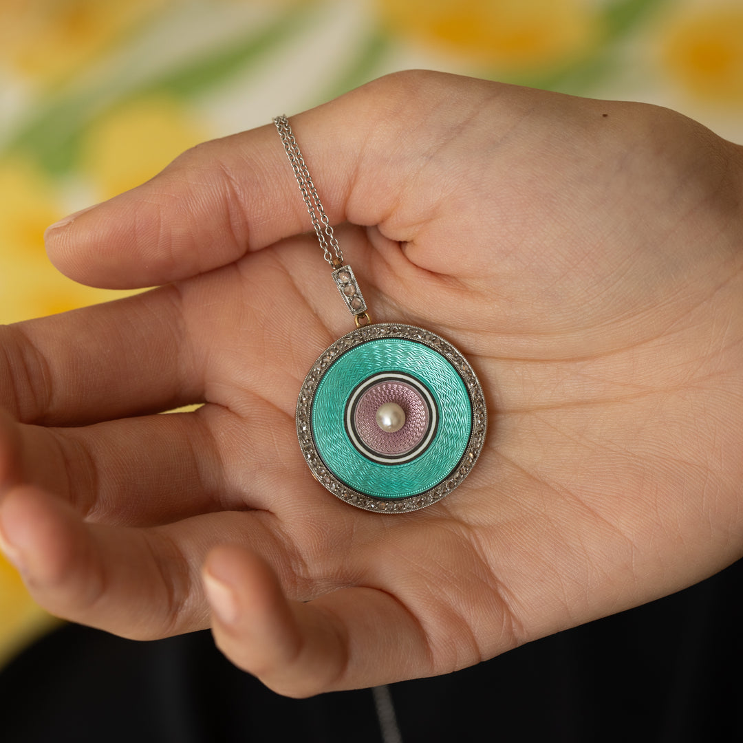 Early 20th Century Guilloche, Diamond, Pearl, Platinum, and 14K Gold Locket