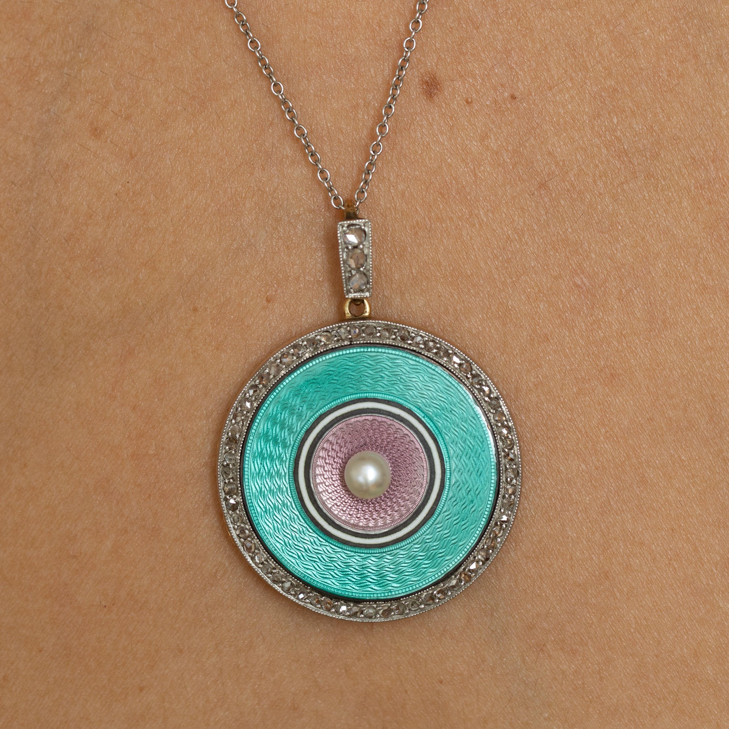 Early 20th Century Guilloche, Diamond, Pearl, Platinum, and 14K Gold Locket