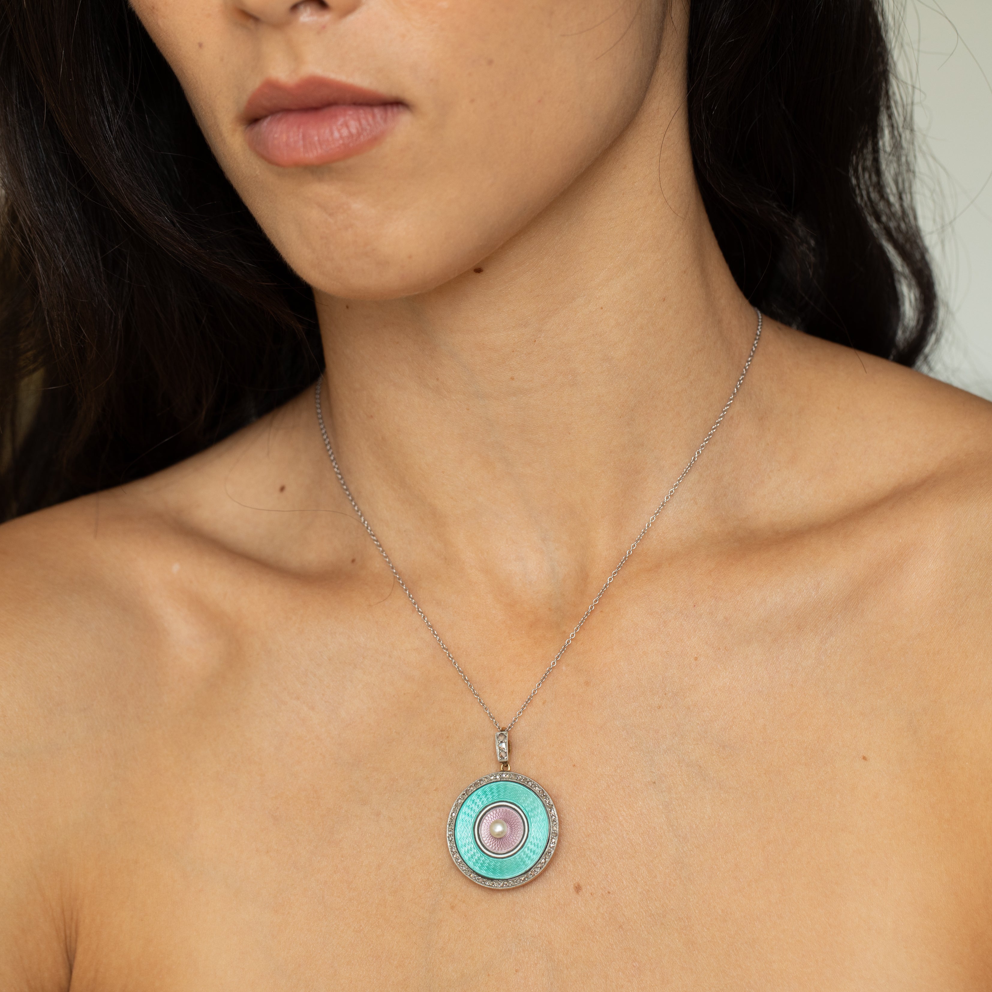 Early 20th Century Guilloche, Diamond, Pearl, Platinum, and 14K Gold Locket