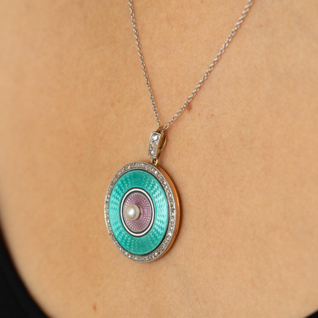 Early 20th Century Guilloche, Diamond, Pearl, Platinum, and 14K Gold Locket