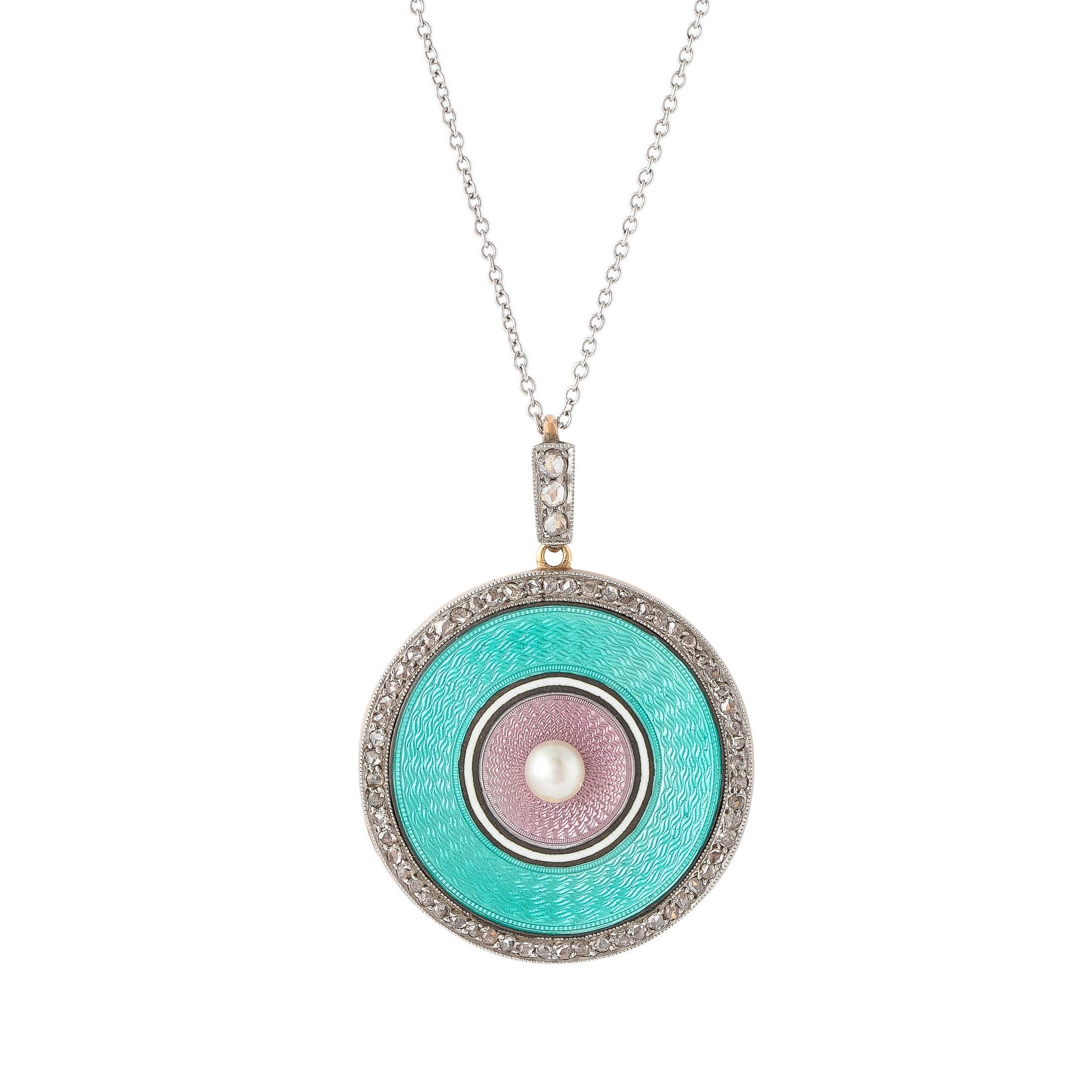 Early 20th Century Guilloche, Diamond, Pearl, Platinum, and 14K Gold Locket