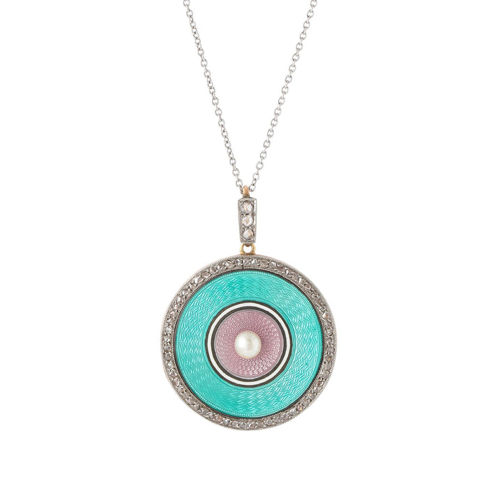 Early 20th Century Guilloche, Diamond, Pearl, Platinum, and 14K Gold Locket