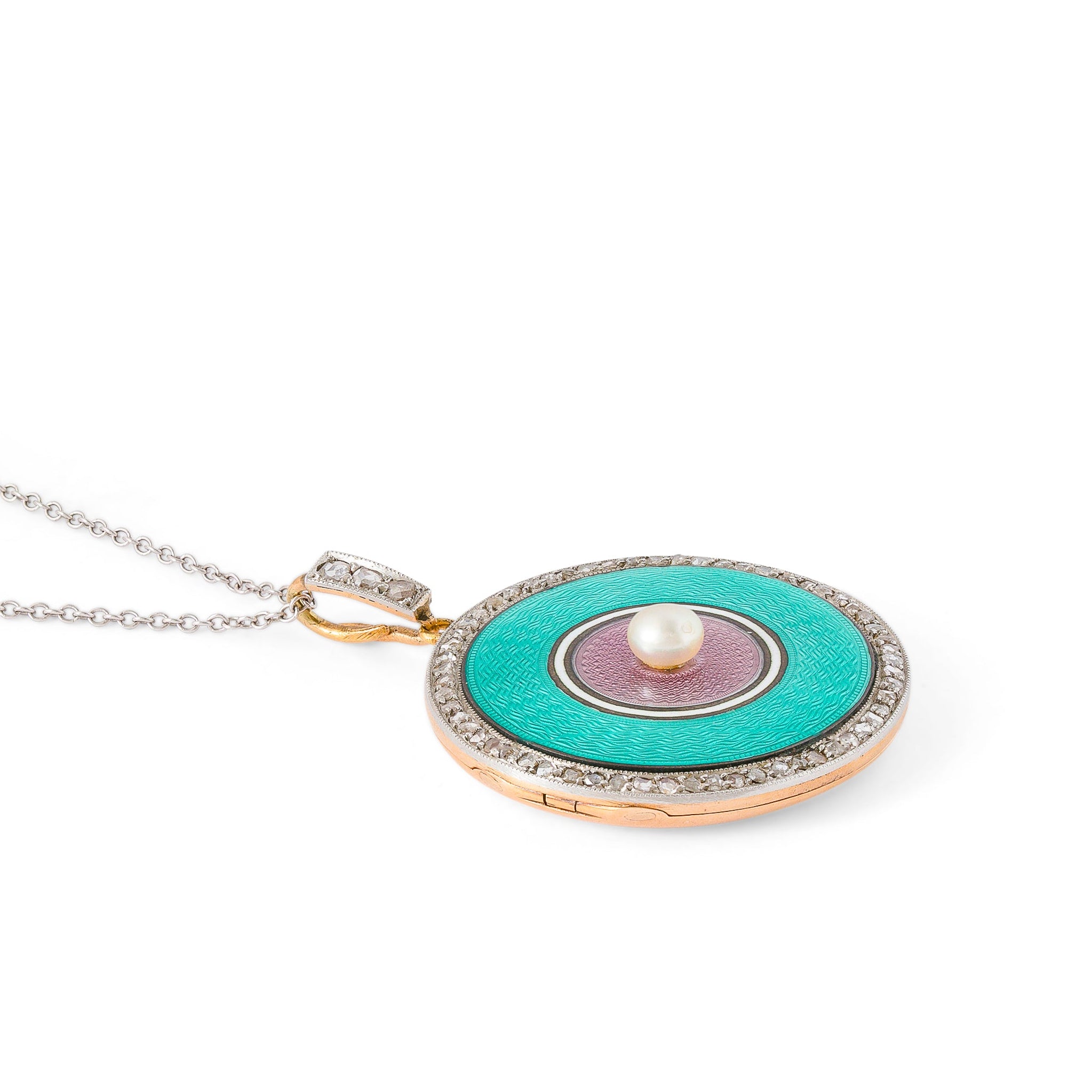 Early 20th Century Guilloche, Diamond, Pearl, Platinum, and 14K Gold Locket