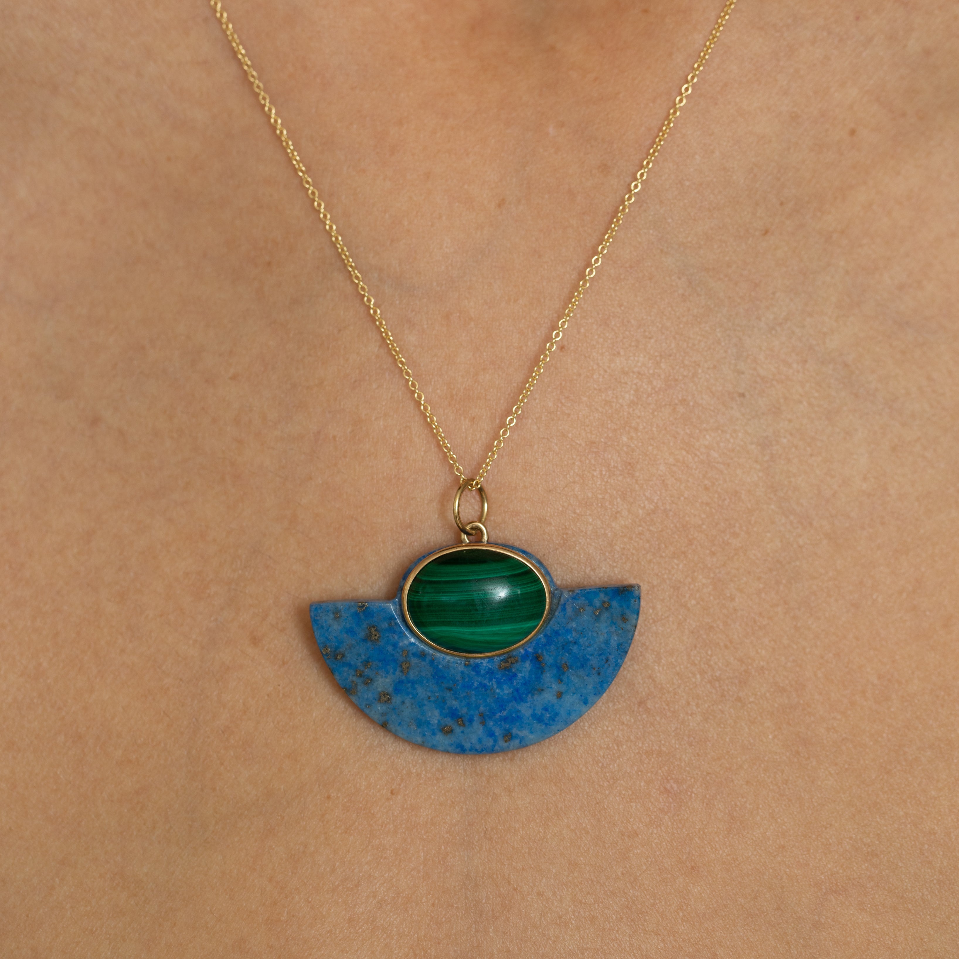Lapis, Malachite, And 14K Gold Pendant Necklace