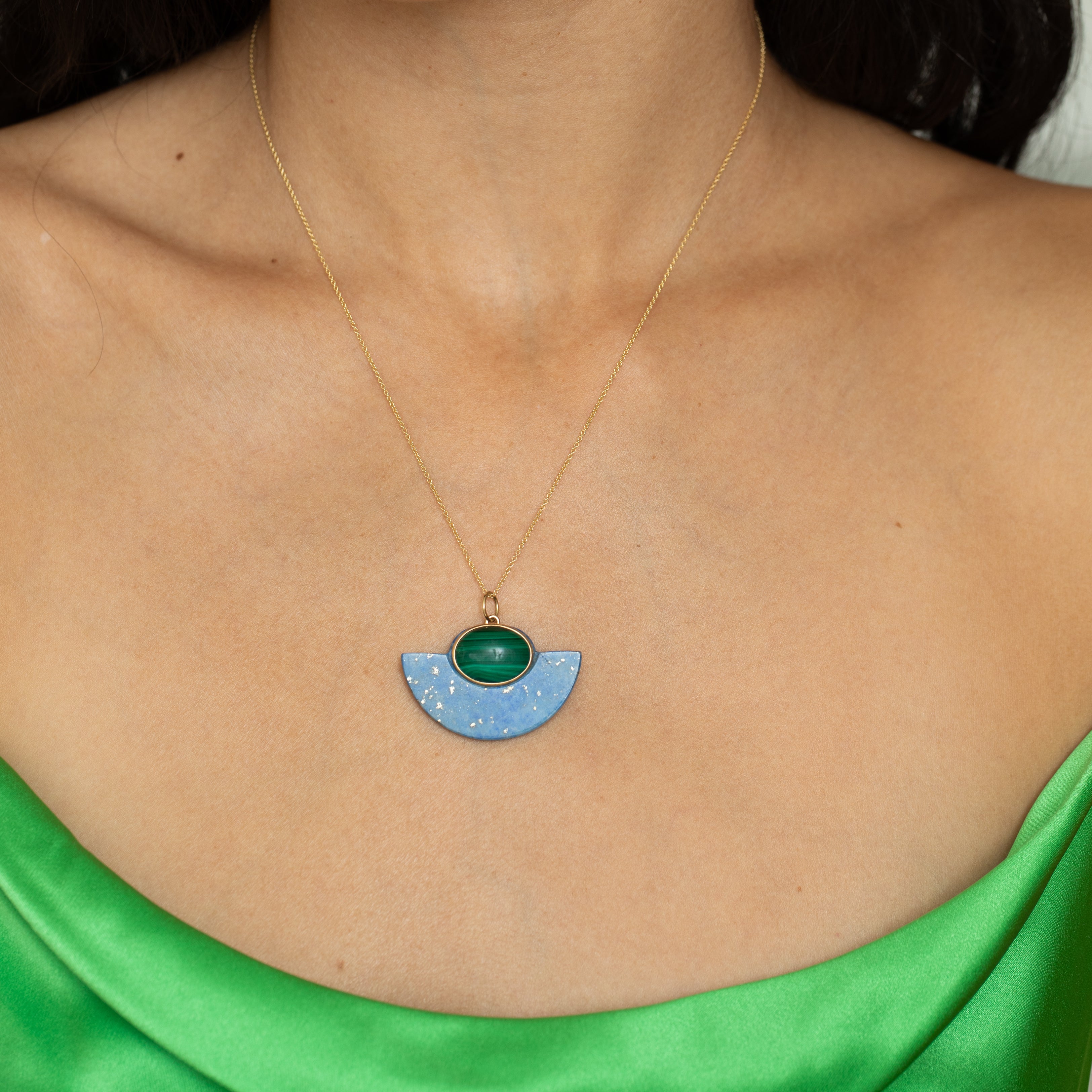 Lapis, Malachite, And 14K Gold Pendant Necklace