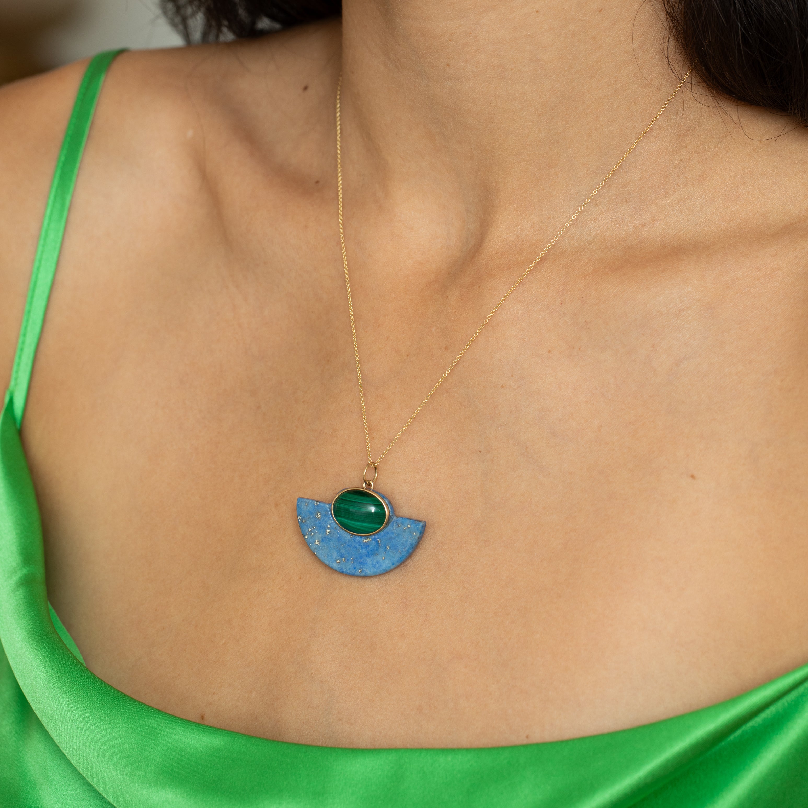 Lapis, Malachite, And 14K Gold Pendant Necklace