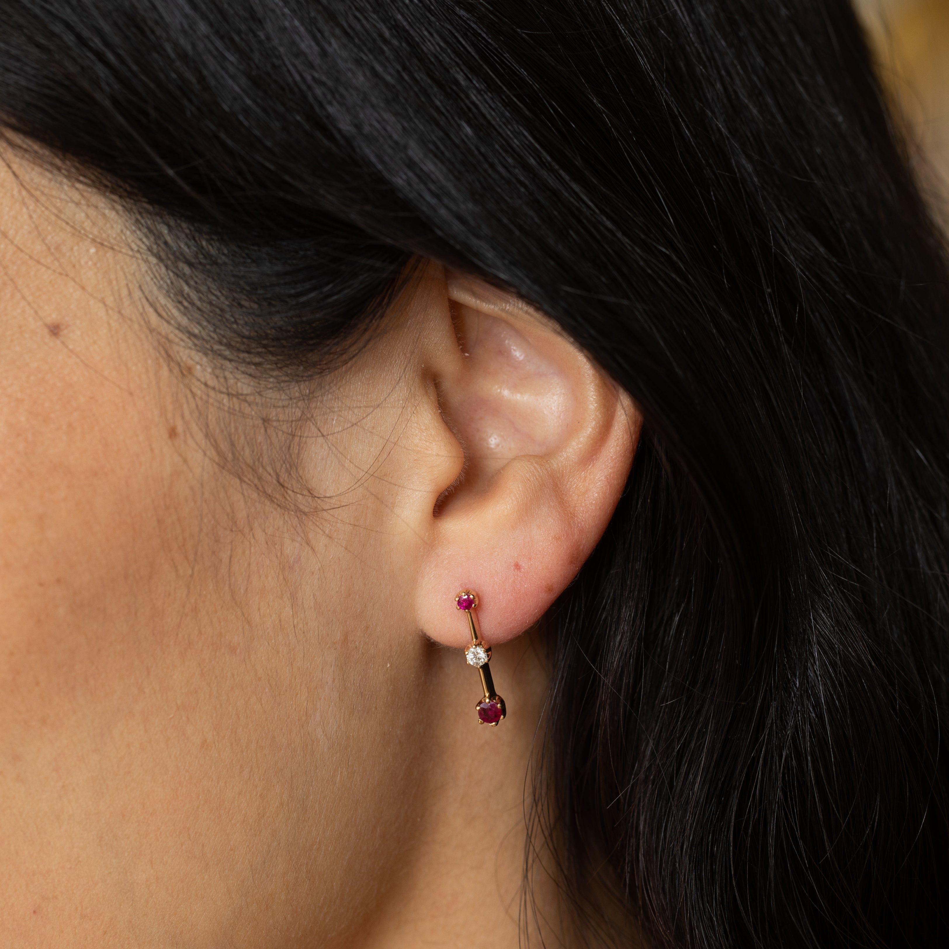 Vertical Ruby, Diamond, And 14K Gold Drop Earrings