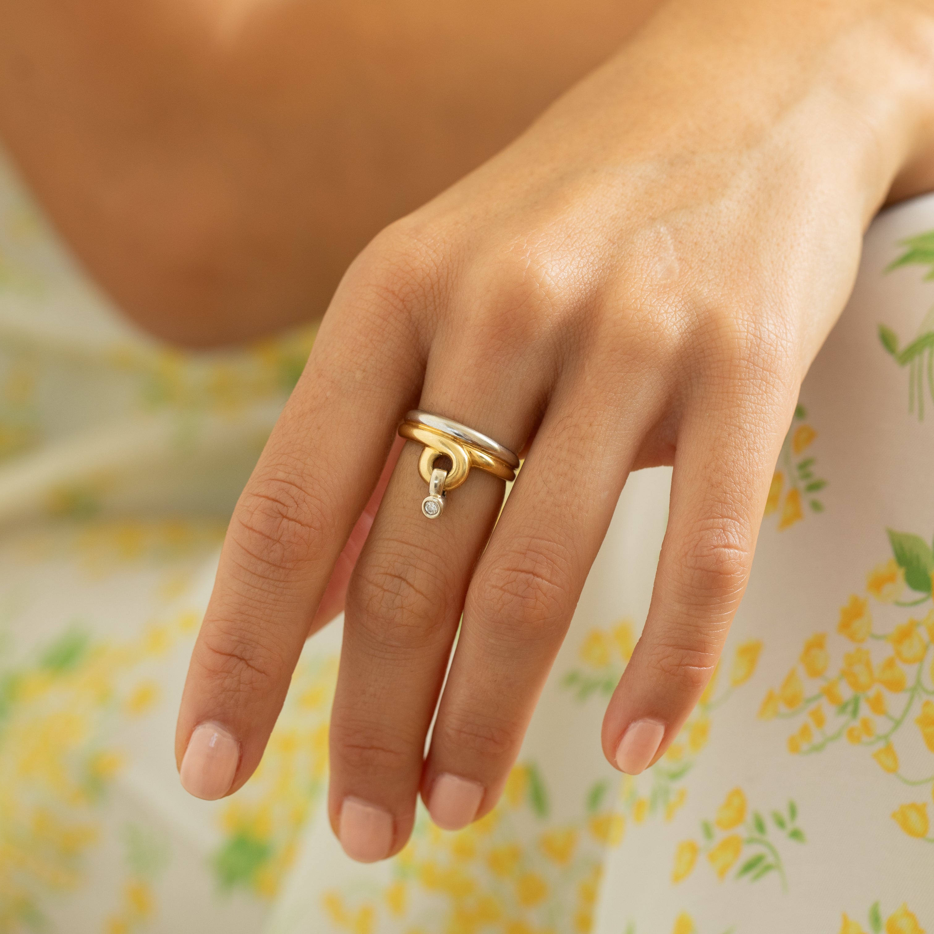 Movable Diamond And 18k Bi-Color Gold Modernist Ring