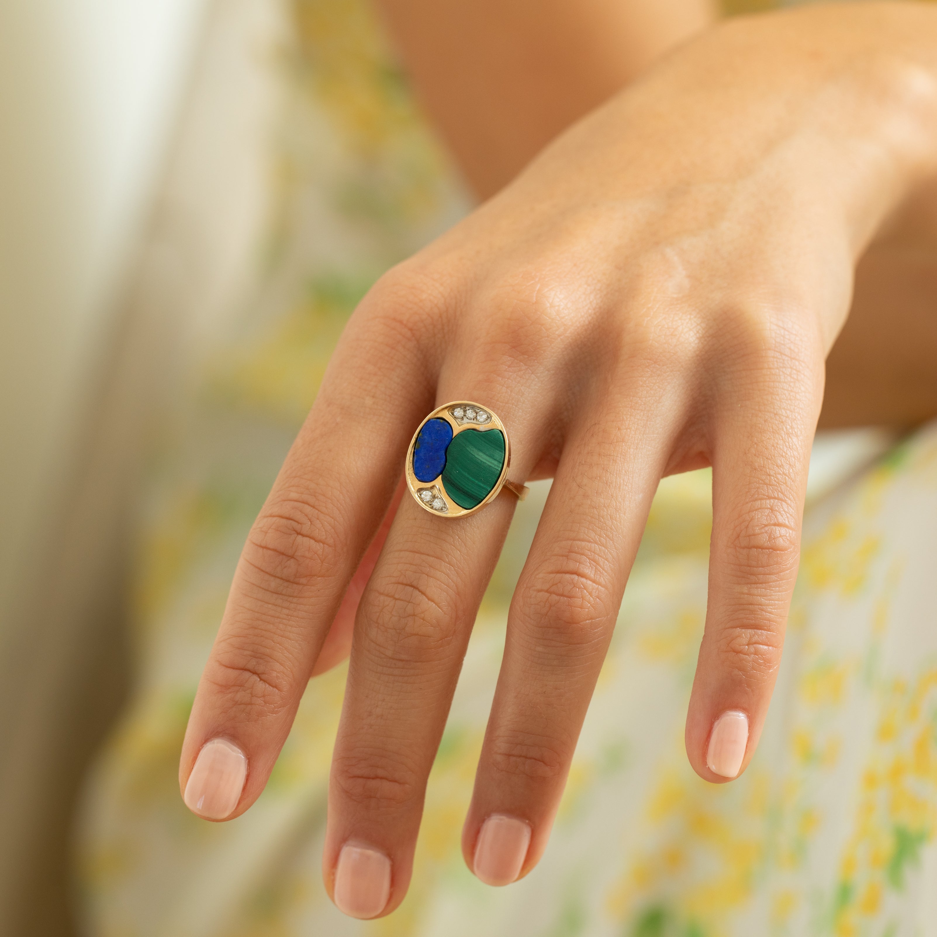 Malachite, Lapis, Diamond, And 14k Yellow Gold Diamond