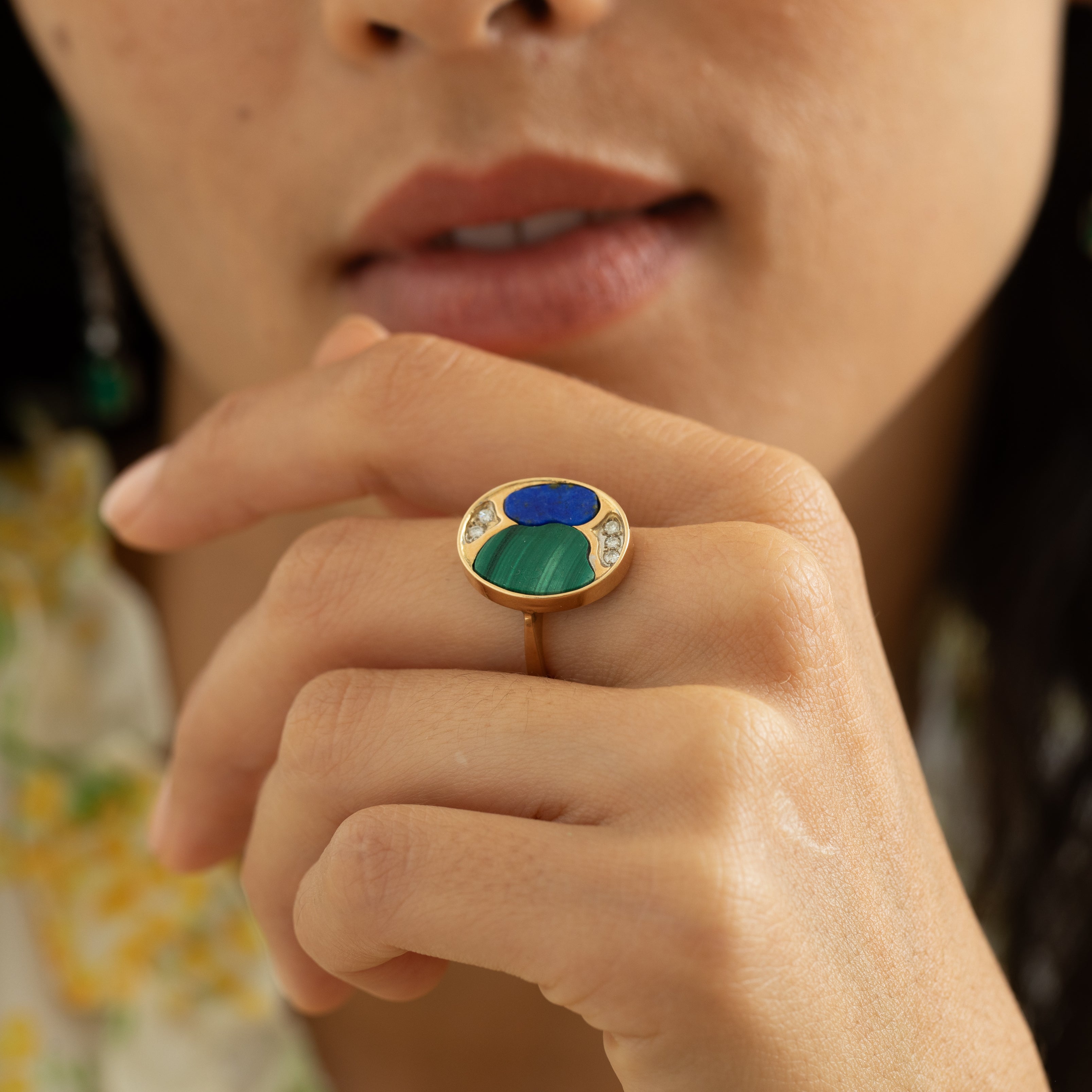 Malachite, Lapis, Diamond, And 14k Yellow Gold Diamond