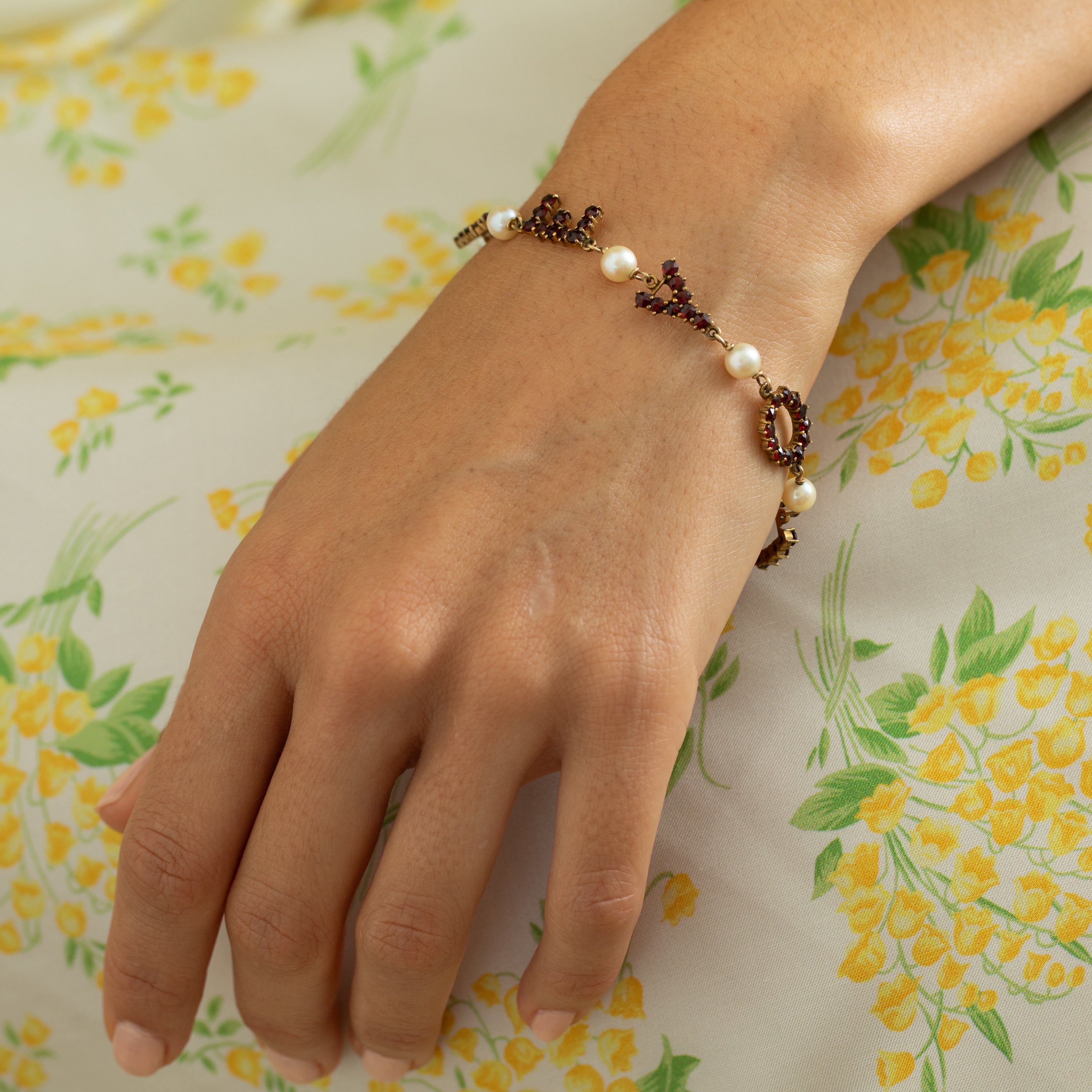 "I Love You" Garnet, Pearl, And 10K Gold Link Bracelet