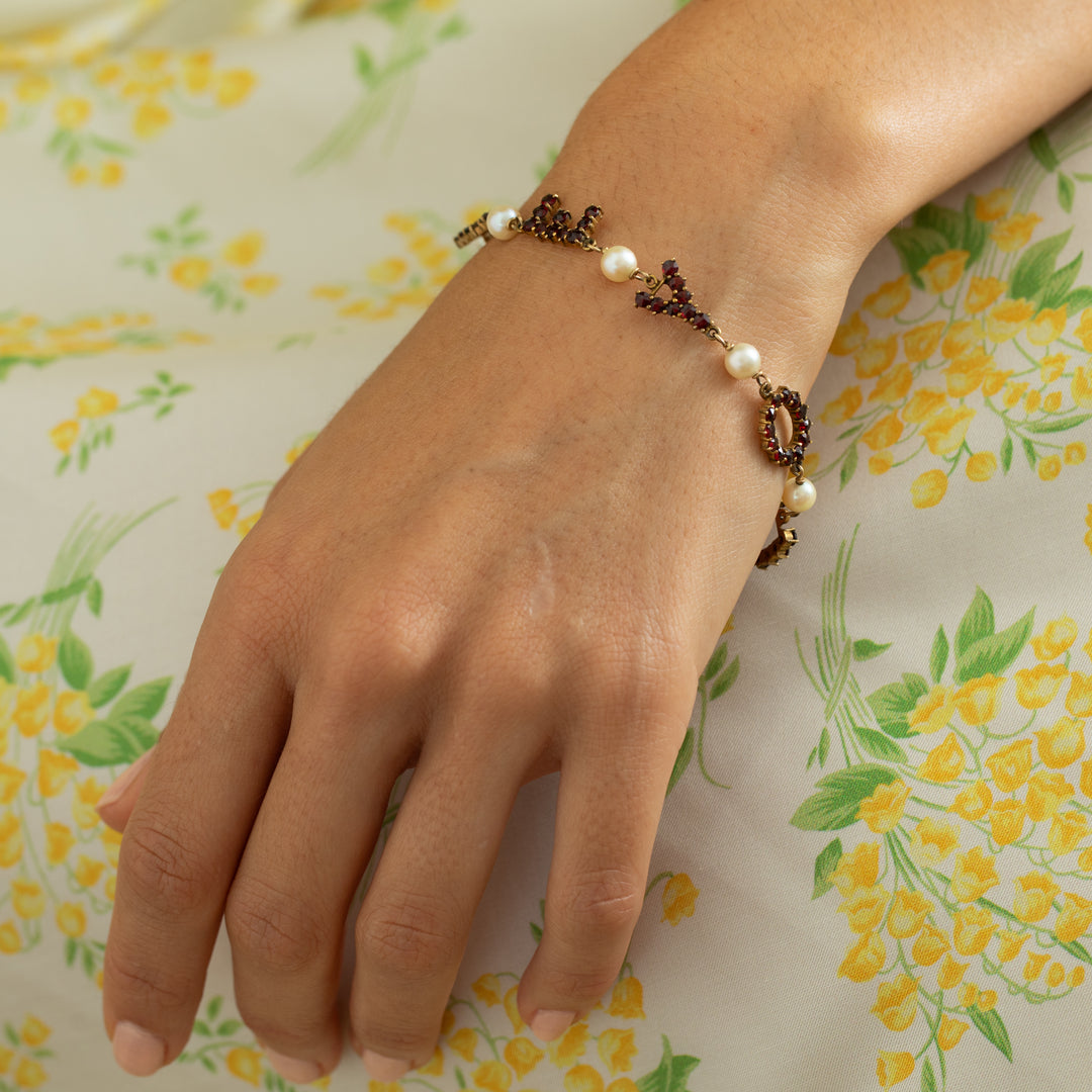 "I Love You" Garnet, Pearl, And 10K Gold Link Bracelet