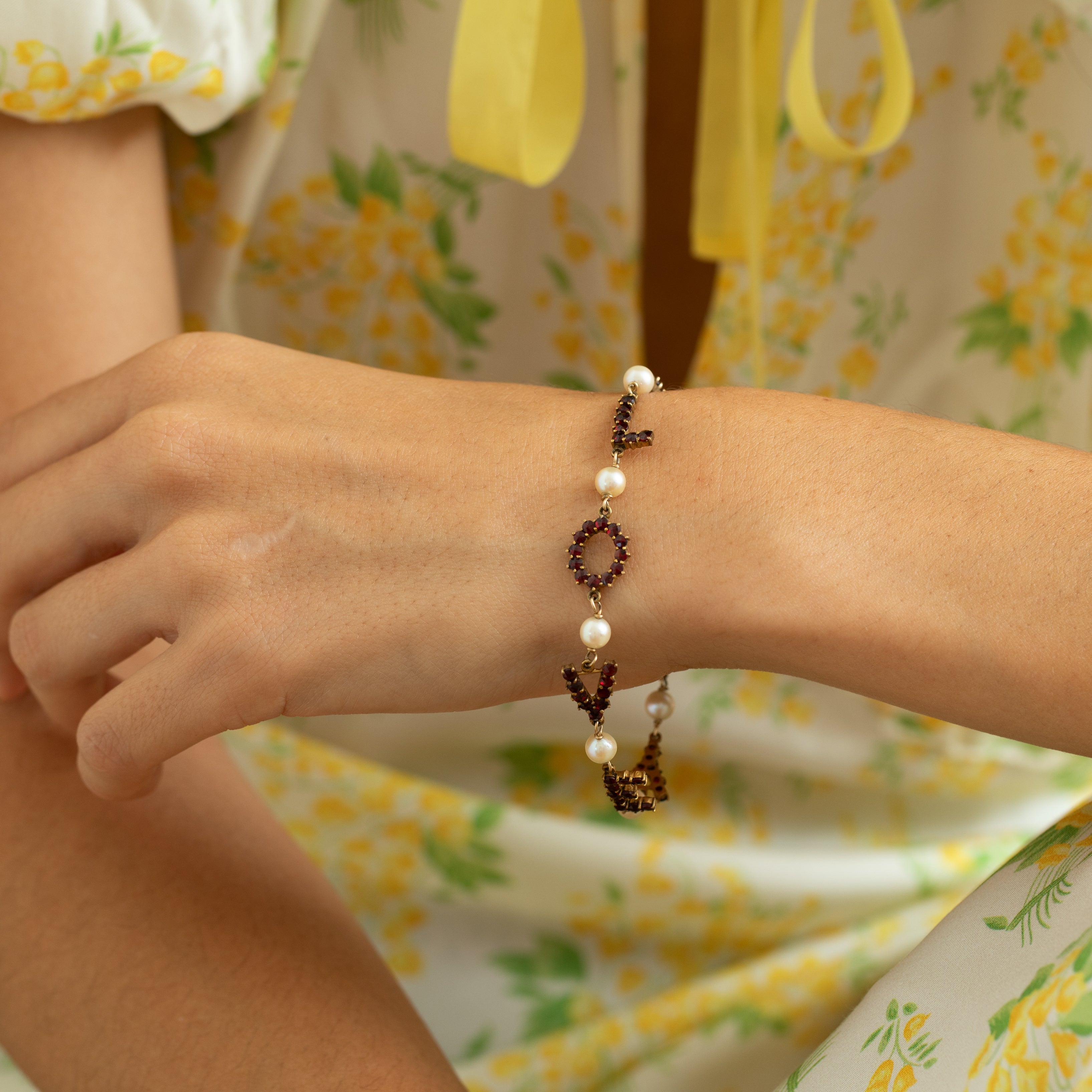 "I Love You" Garnet, Pearl, And 10K Gold Link Bracelet