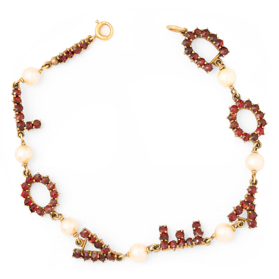 "I Love You" Garnet, Pearl, And 10K Gold Link Bracelet